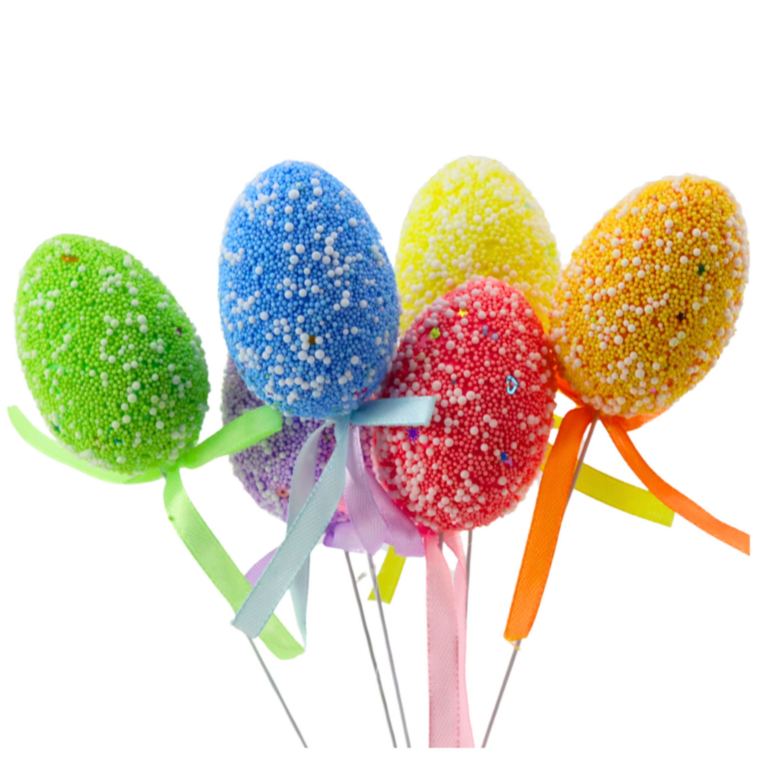 Easter Eggs On A Wire Pick Colorful Patterns Ribbon Decoration 6pcs B