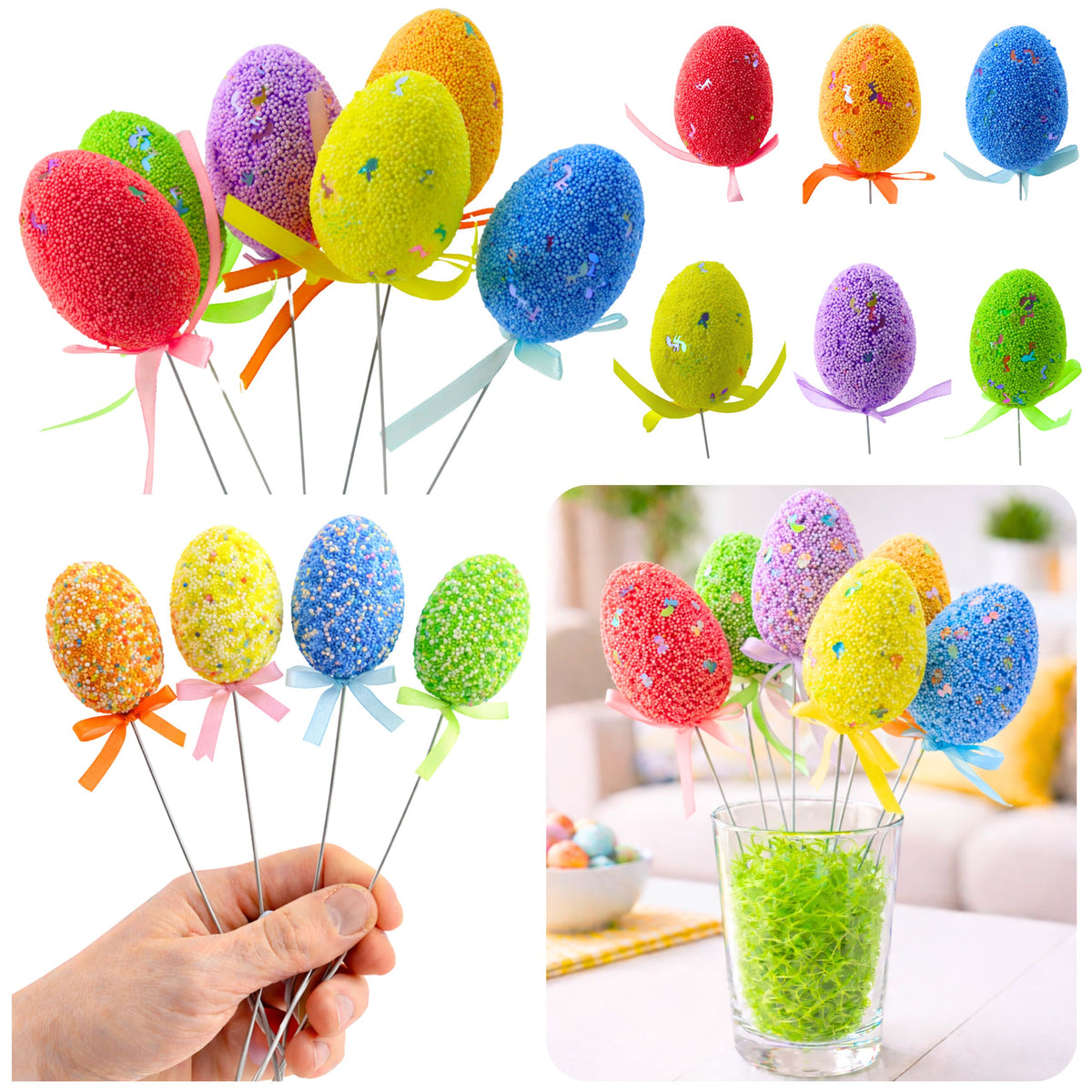 Easter Eggs On Wire Pick Colorful Notes Ribbon Decoration 6pcs