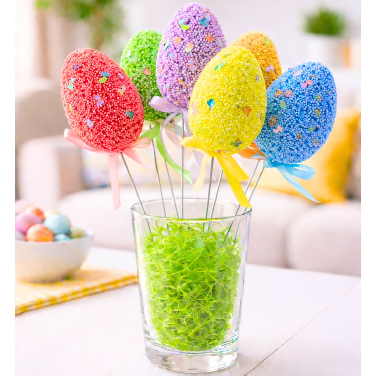 Easter Eggs On Wire Pick Colorful Notes Ribbon Decoration 6pcs