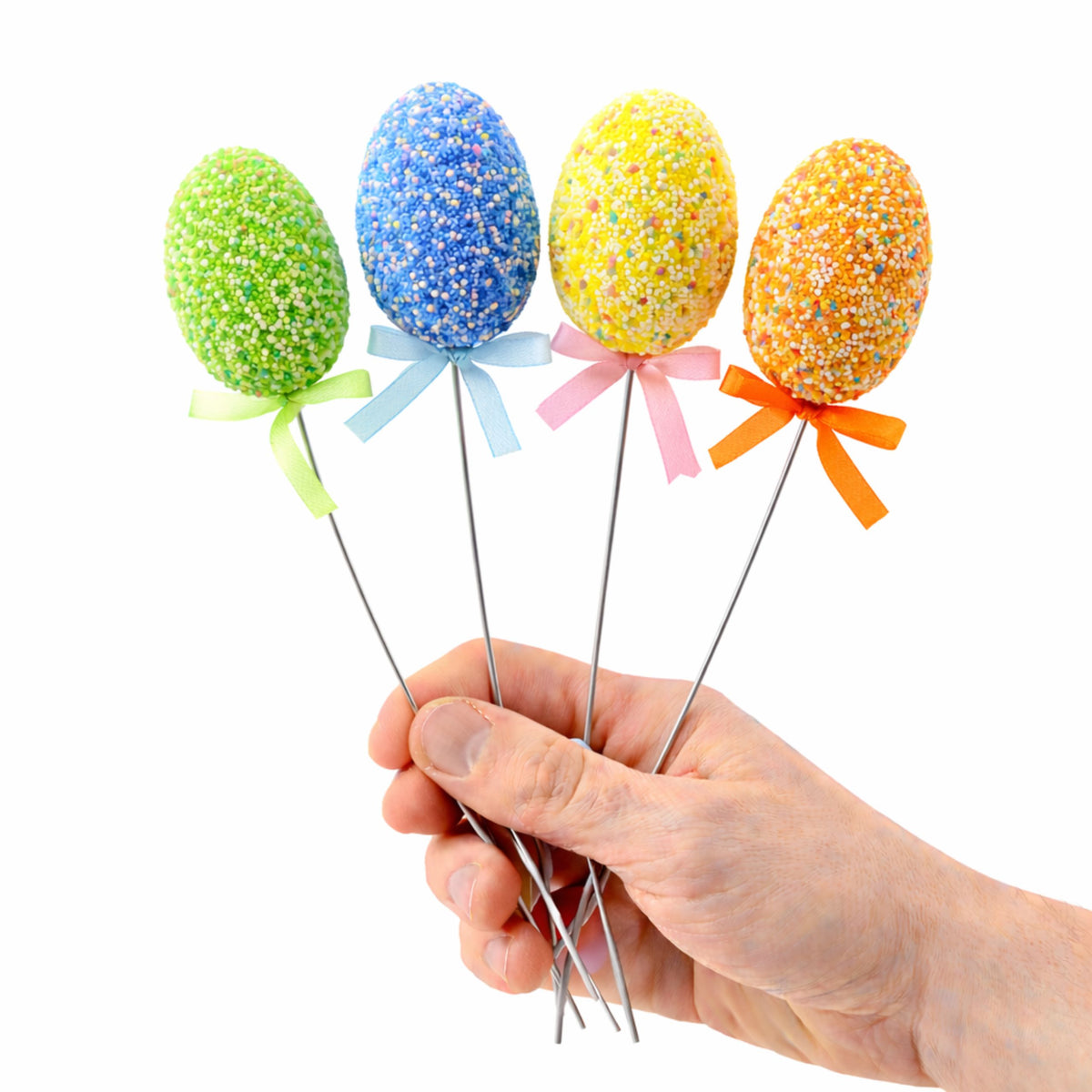 Easter Eggs On A Wire Pick Colorful White Patterns Ribbon Decoration 6pcs