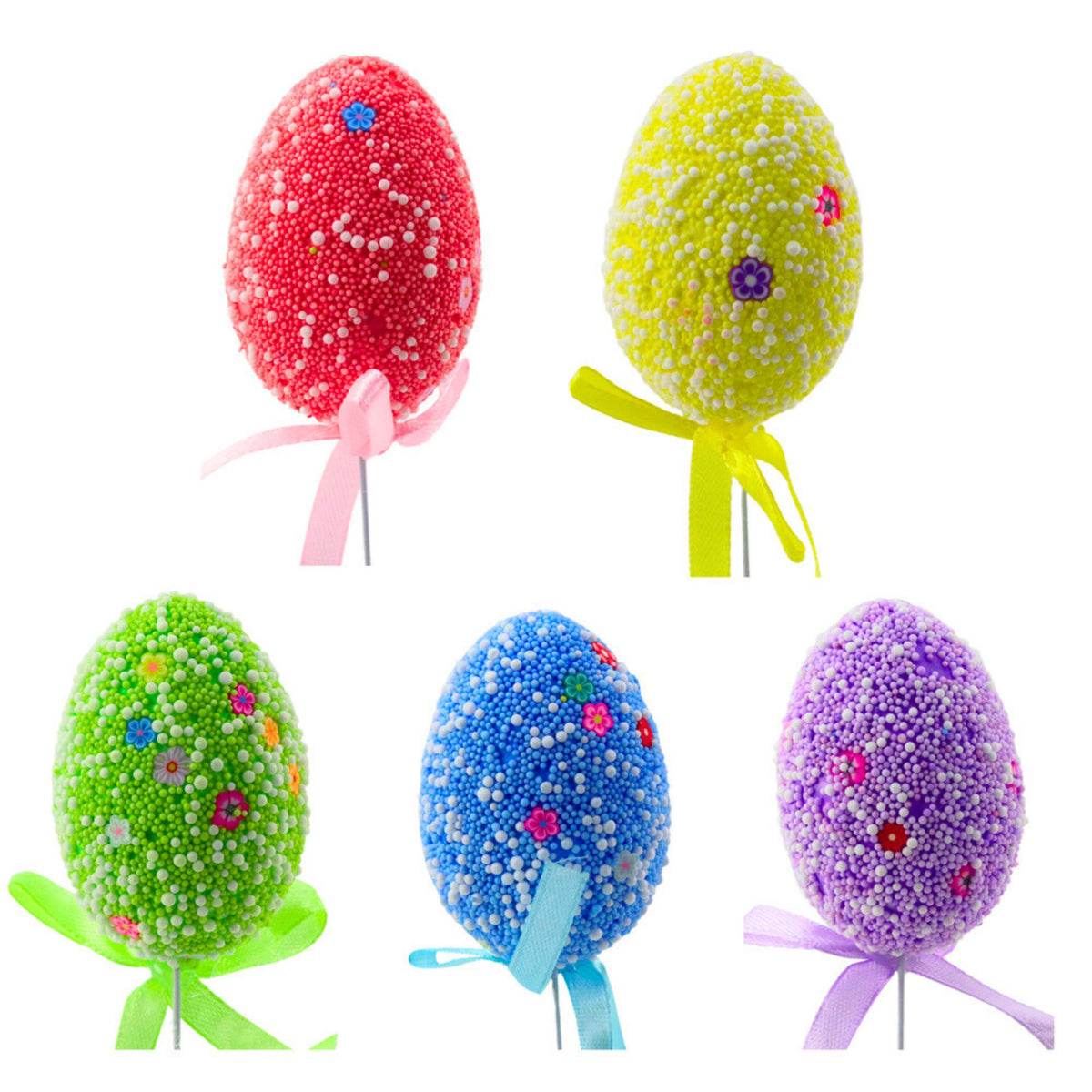 Easter Eggs On Wire Pick Colorful Leaves Ribbon Decoration 5pcs