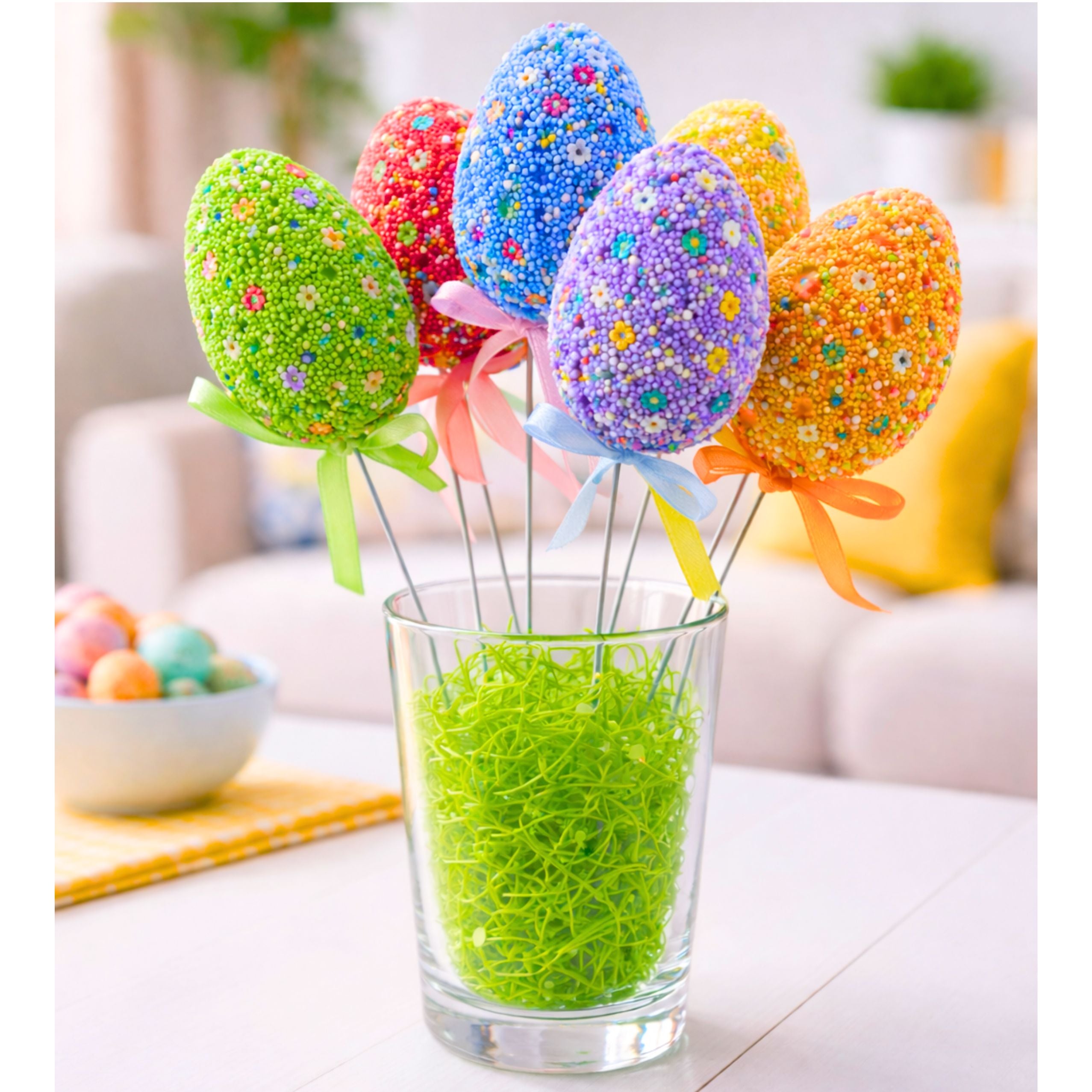Easter Eggs On Wire Pick Colorful Leaves Ribbon Decoration 5pcs