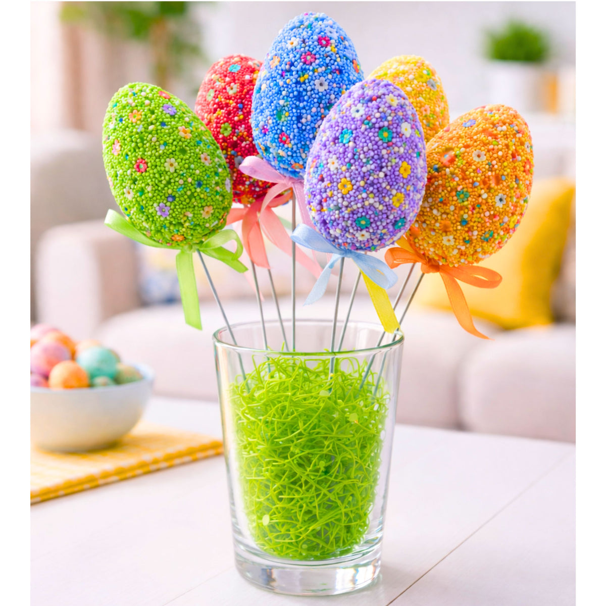 Easter Eggs On Wire Pick Colorful Leaves Ribbon Decoration 5pcs