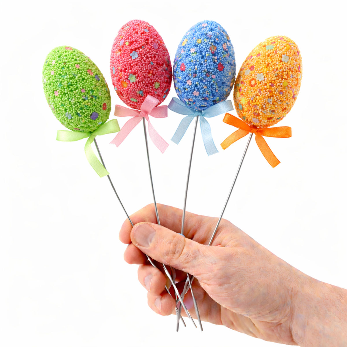 Easter Eggs On Wire Pick Colorful Leaves Ribbon Decoration 5pcs