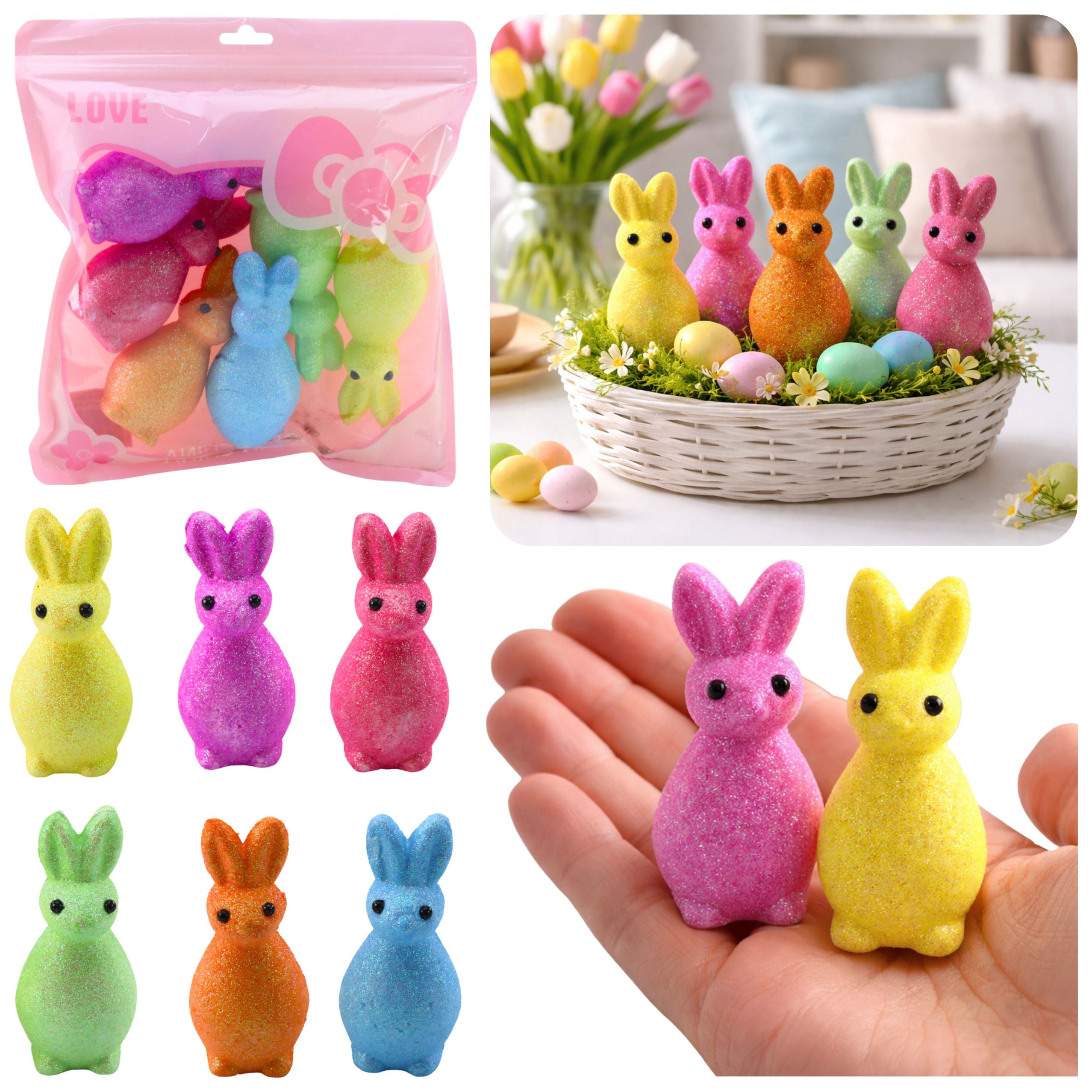 Styrofoam Easter Bunnies Glitter Decorative Colorful 6pcs