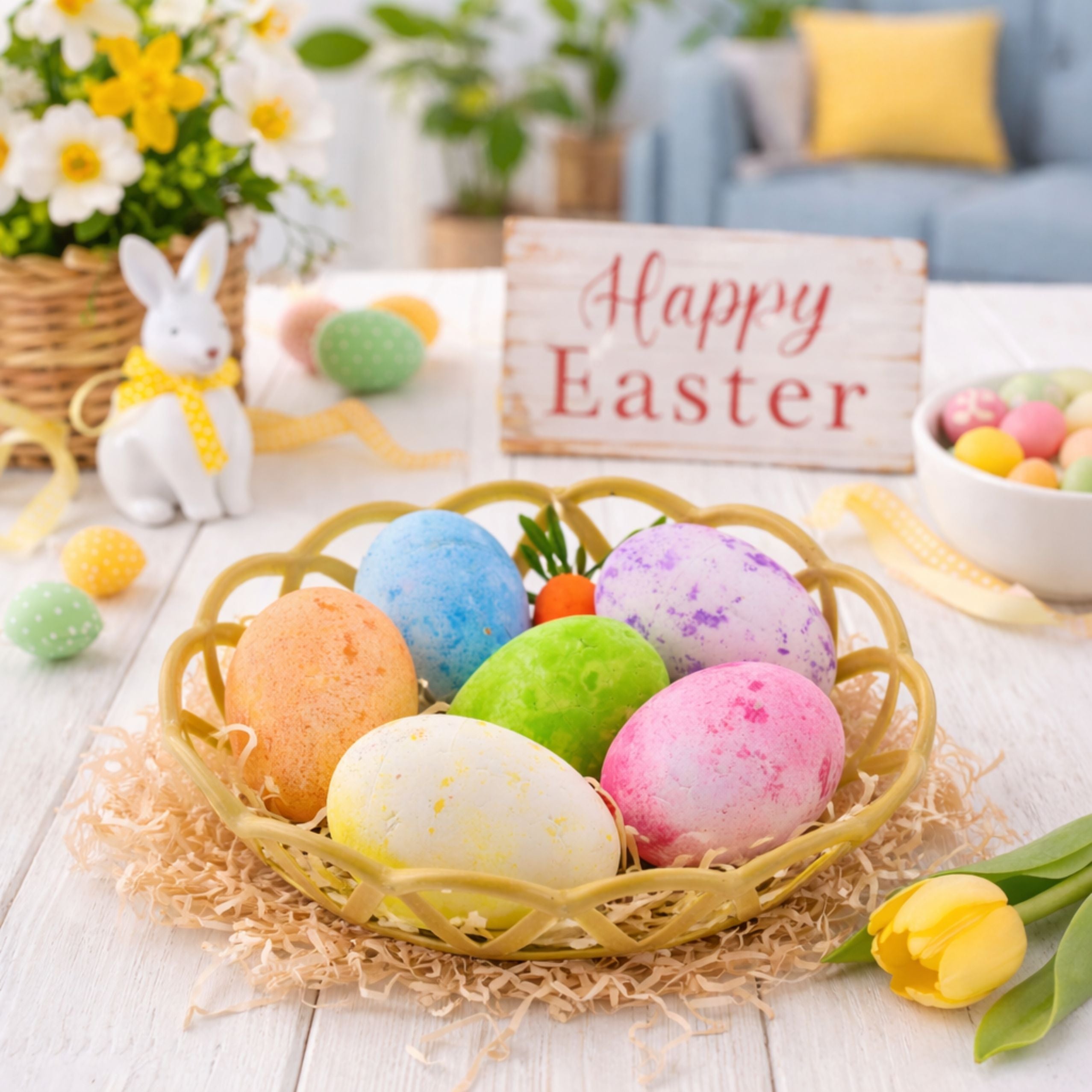 Easter Decorations In Basket Eggs Carrot Colorful 7pcs