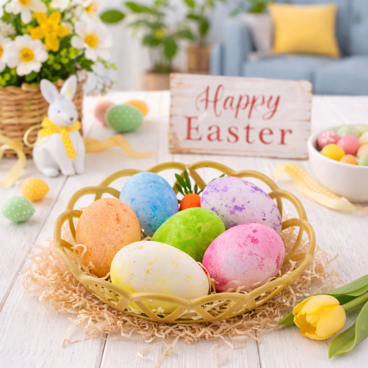 Easter Decorations In Basket Eggs Carrot Colorful 7pcs