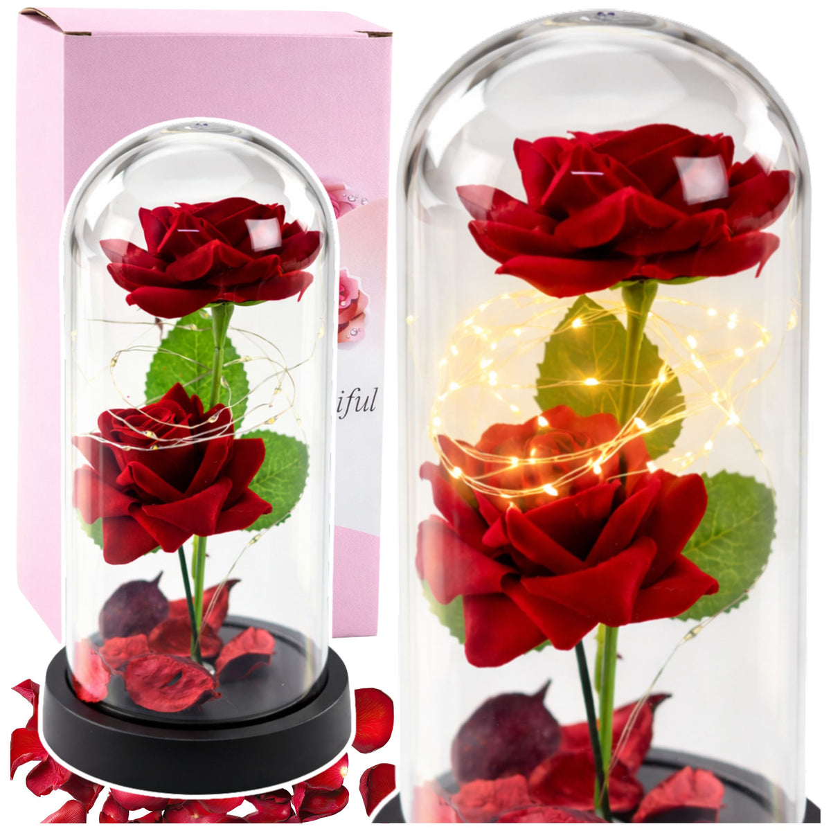 Eternal 2 Roses In Dome With Led Lighting And Rose Petals Red 21x11cm