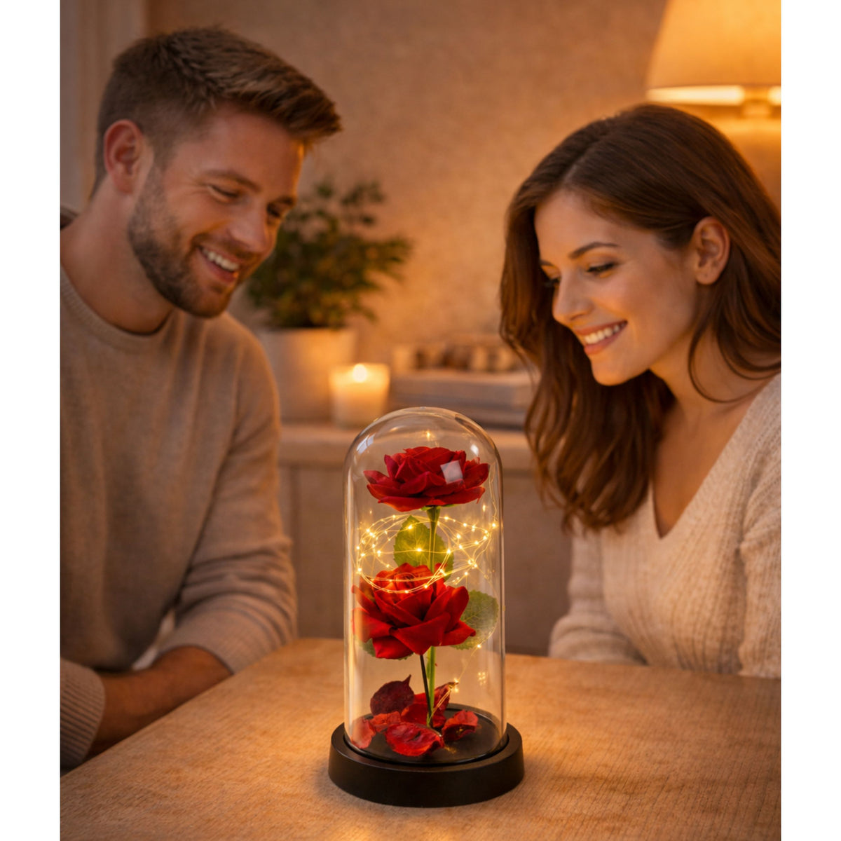 Eternal 2 Roses In Dome With Led Lighting And Rose Petals Red 21x11cm