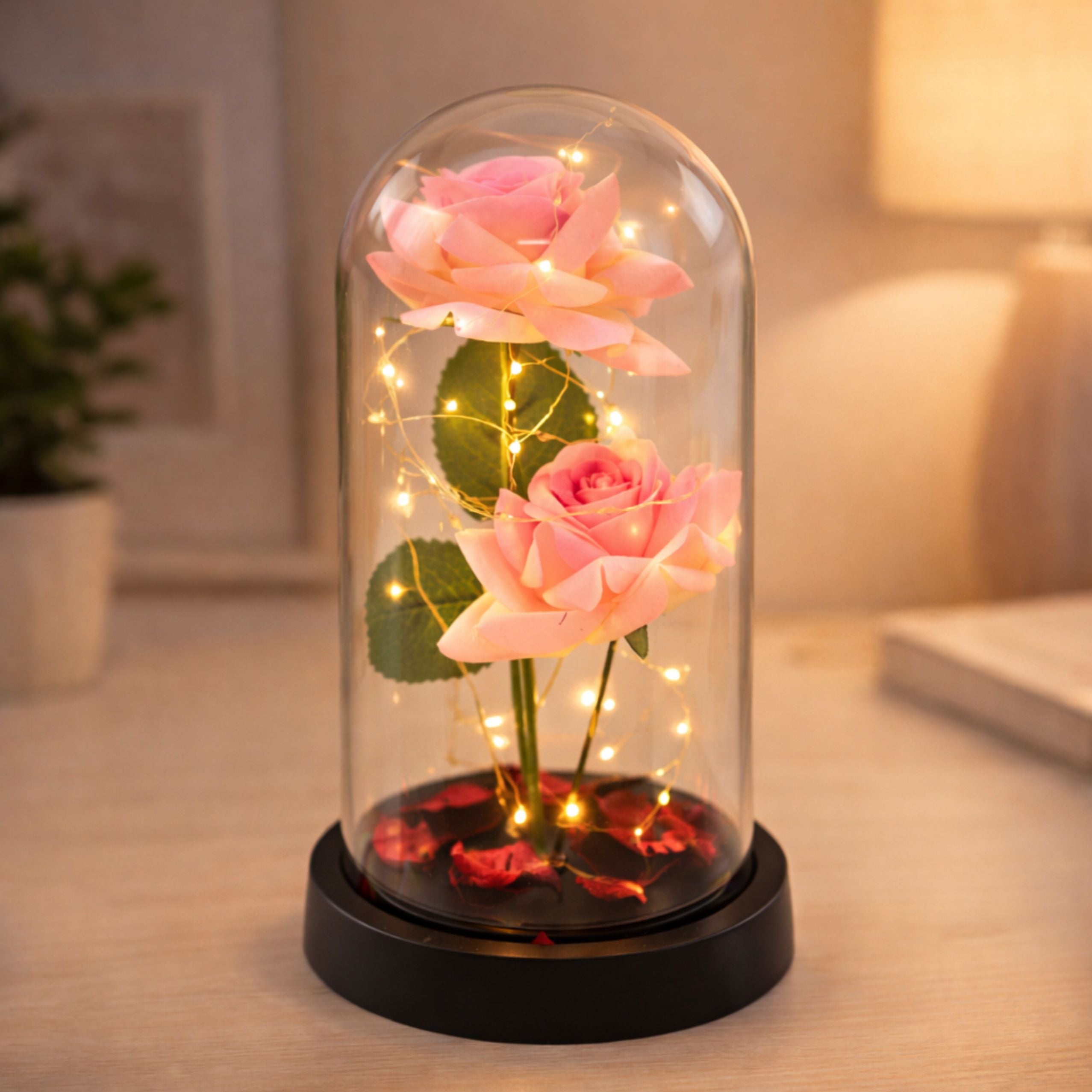 Eternal Roses In Dome With Led Lighting And Rose Petals Pink 21x11cm