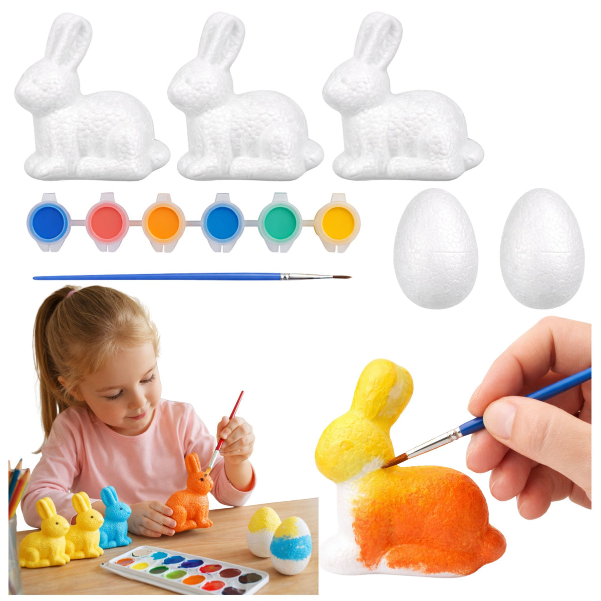 Set For Painting Styrofoam Decorations 3 Bunnies 2 Eggs Paints