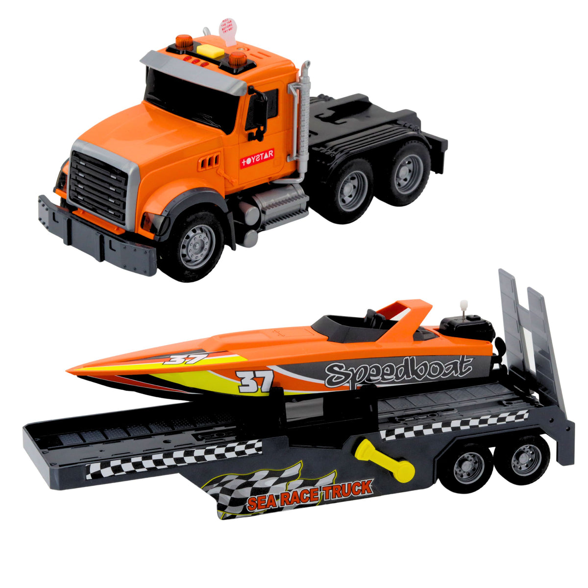 Conjunto laranja de caminhão com luzes e sons de lancha de corda