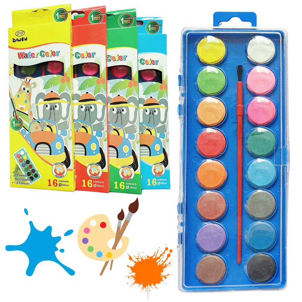 Set Of Watercolor School Paints 16 Colors Brush