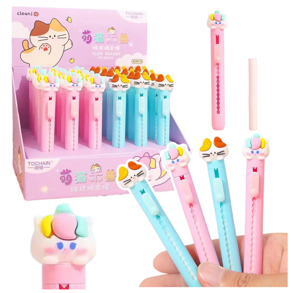 Ausziehbarer Radierstift mit Katzenfigur in Blau und Rosa