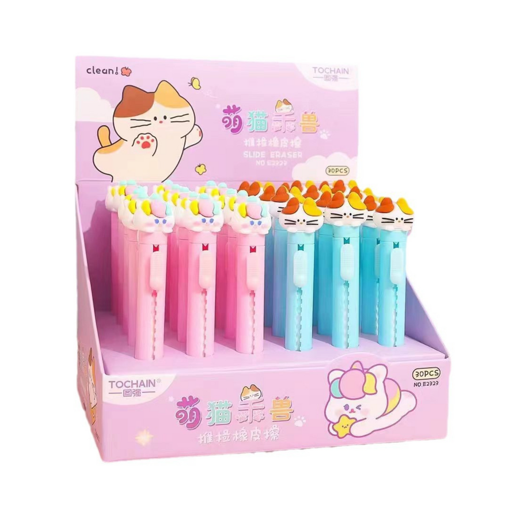 Eraser Pen Extendable With Cat Figure Blue Pink