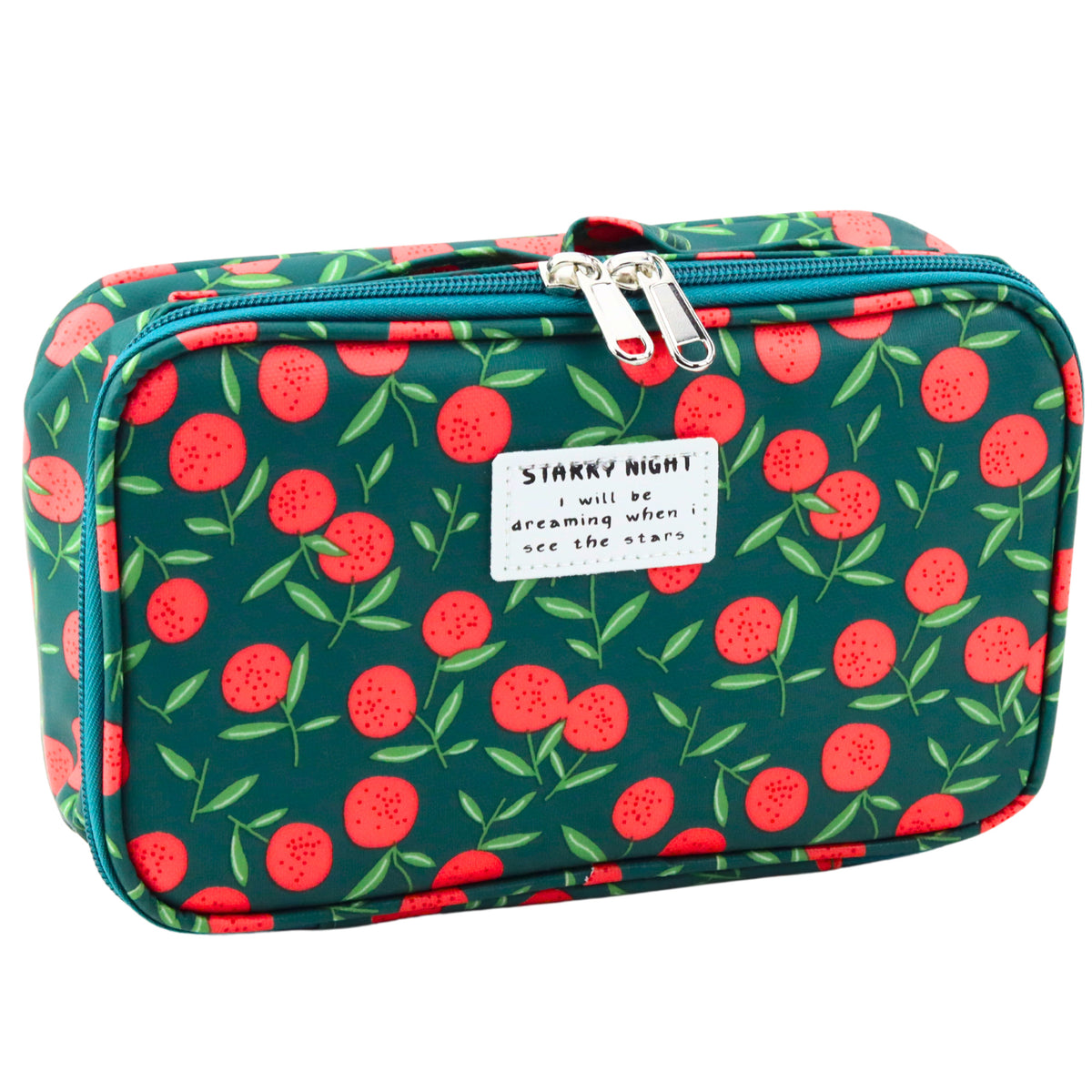 Estuche para lápices Organizador escolar Neceser de cosméticos Bolsillo Cerezas Verde 22,5 cm