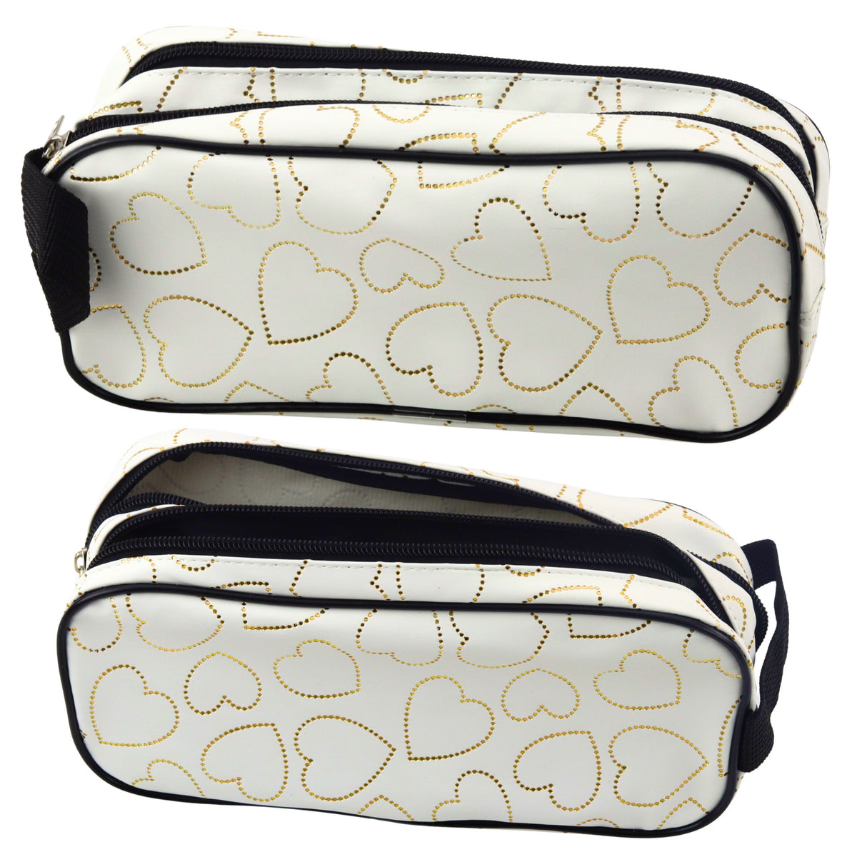 School Office Pencil Case Two-compartment Golden Hearts White 23.5x10 Cm