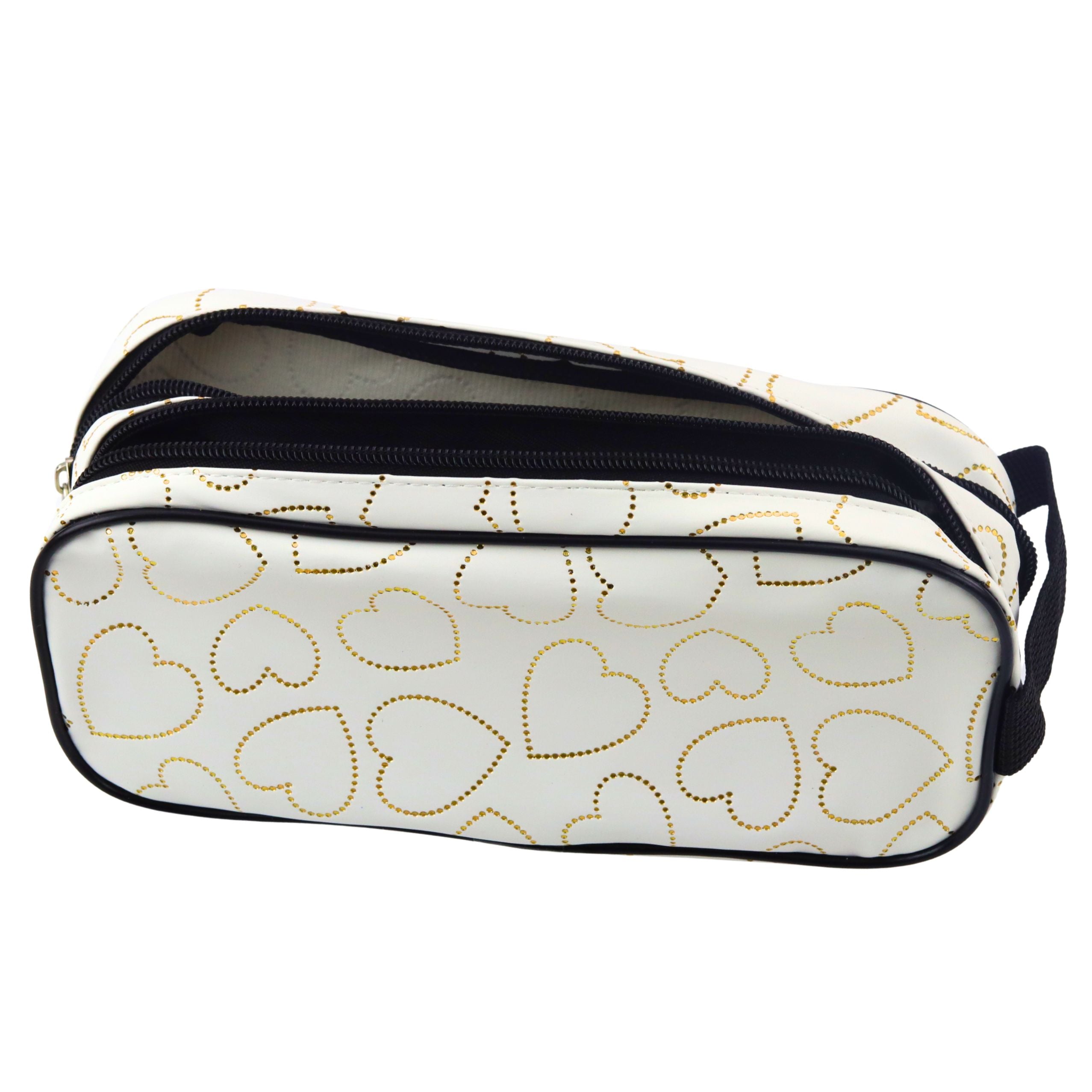 School Office Pencil Case Two-compartment Golden Hearts White 23.5x10 Cm