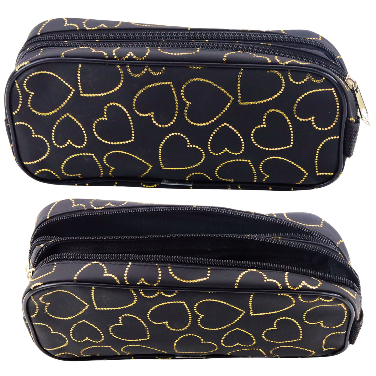 School Office Pencil Case Two-compartment Golden Hearts Black 23.5x10 Cm
