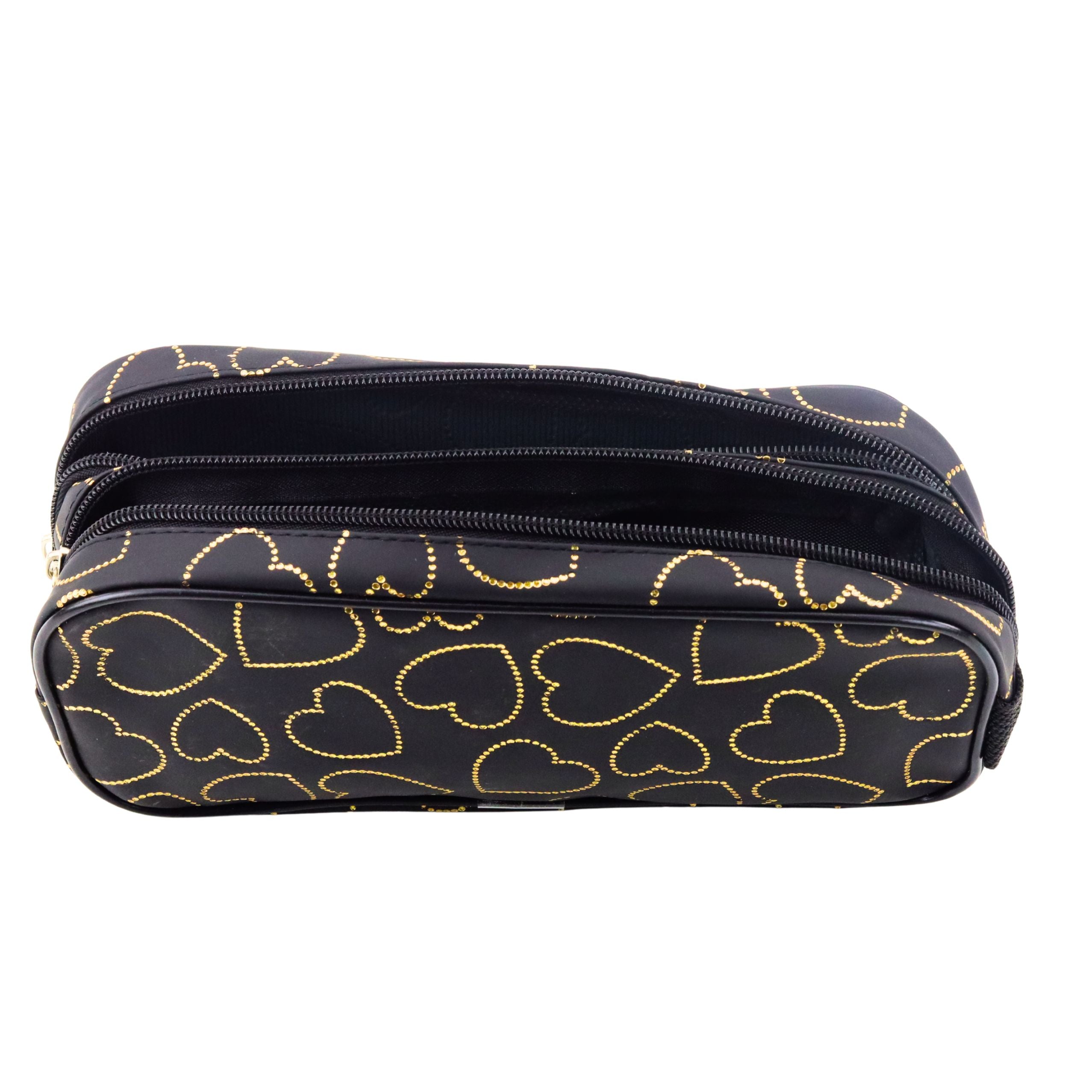 School Office Pencil Case Two-compartment Golden Hearts Black 23.5x10 Cm