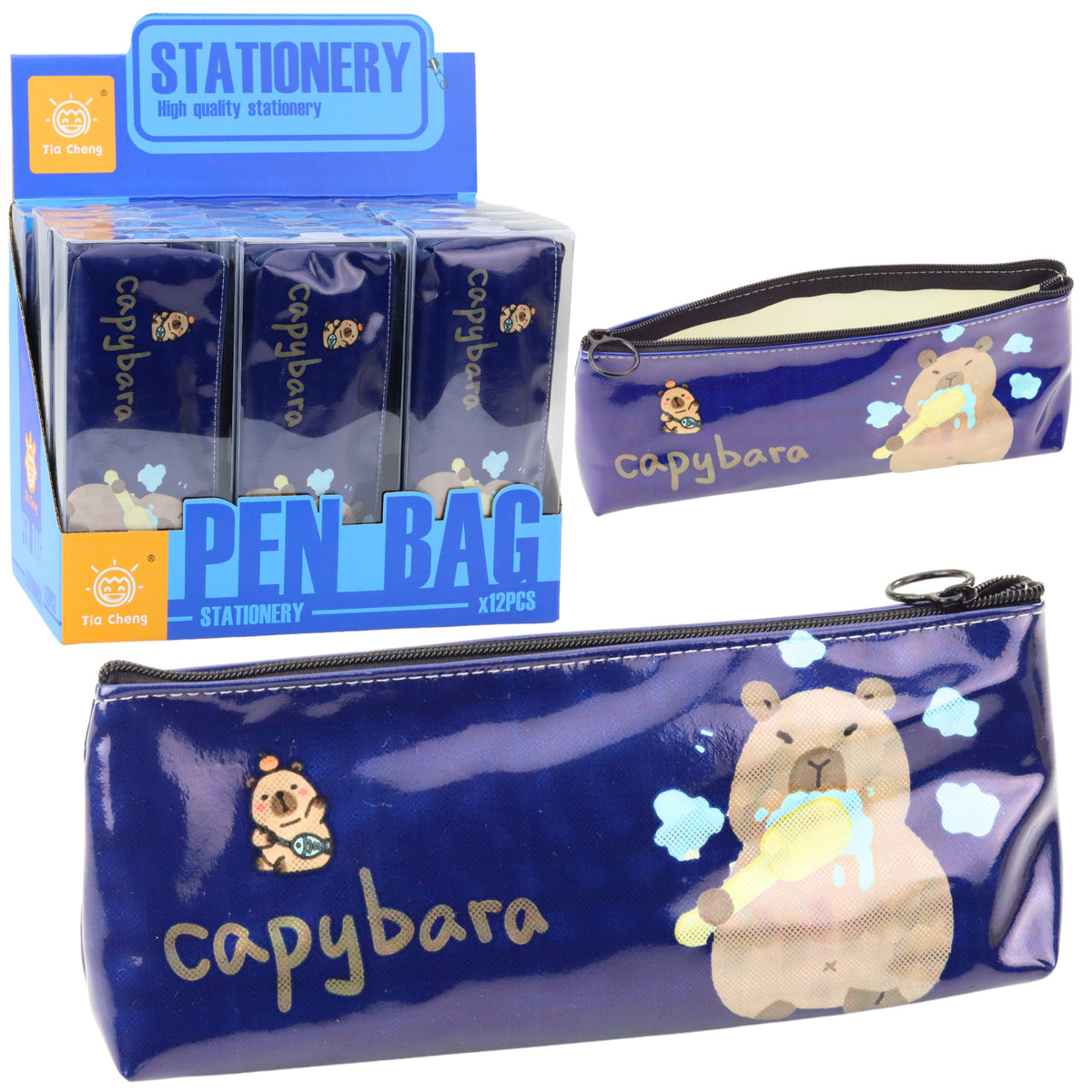 School Pencil Case Kit Capybara Brushing Teeth Navy Blue 20 X 8.5 X 4 Cm