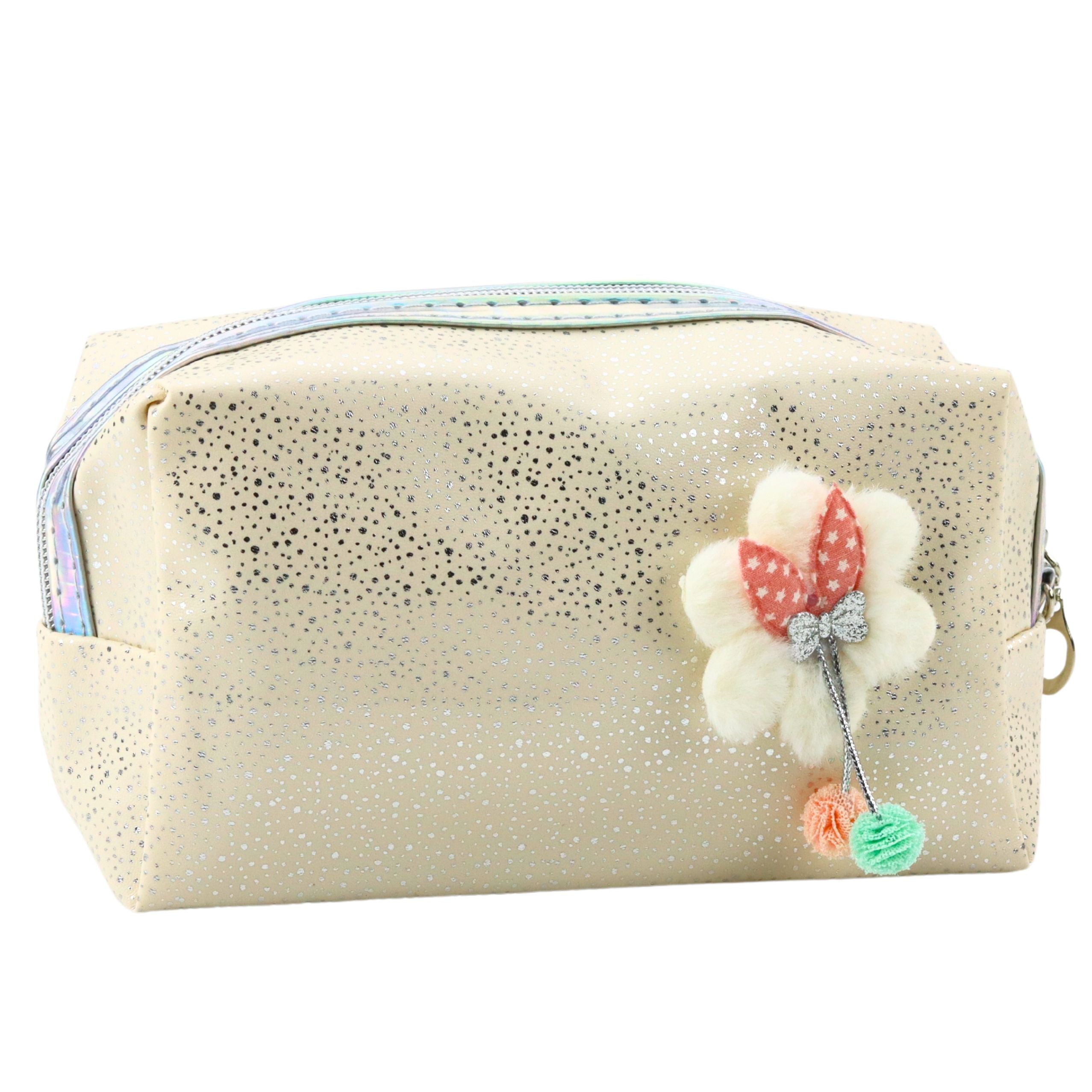 Pencil Case Cosmetic Bag Bow Shimmering Particles Beige