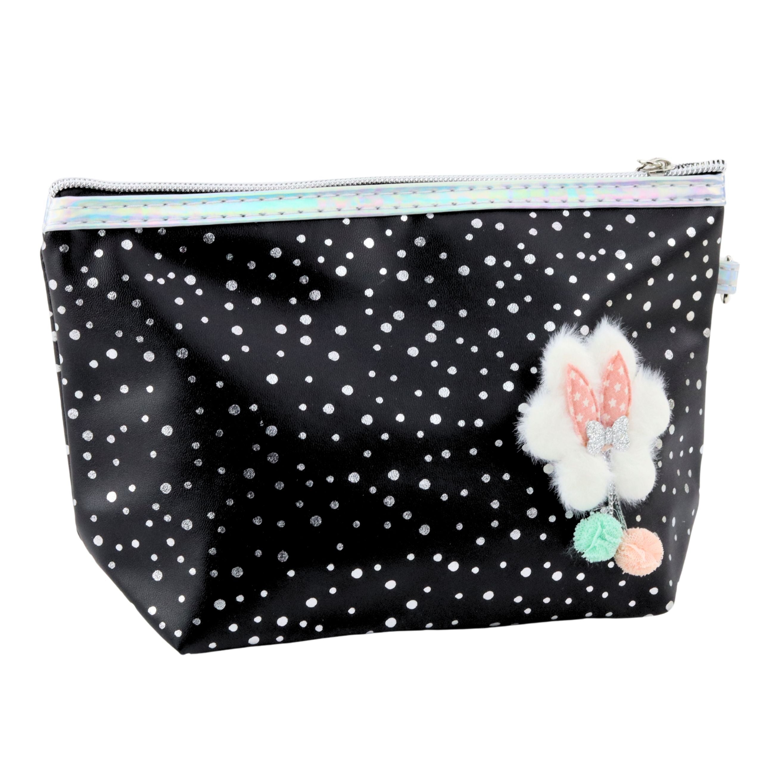 Pencil Case Cosmetic Bag Bow Shiny Dots Black 23x16cm