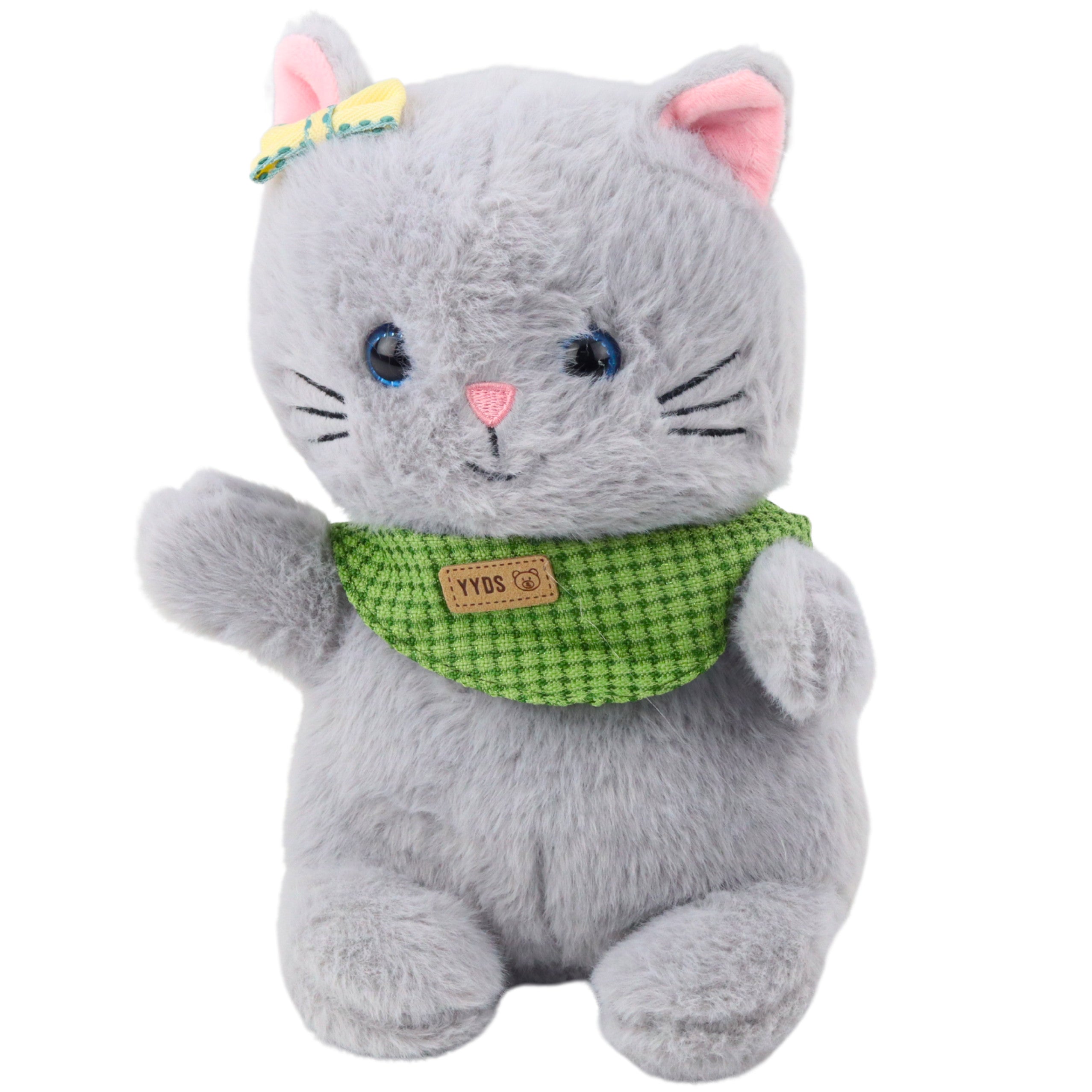 Plush Mascot Cuddly Toy Cat Gray Green Scarf Bow 22cm