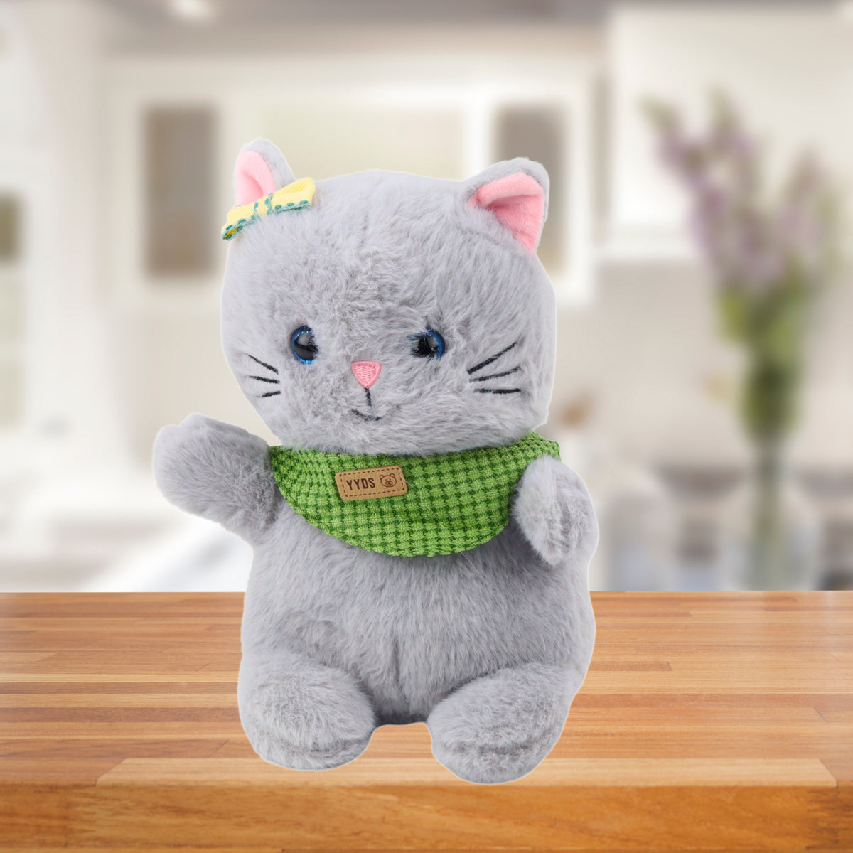 Plush Mascot Cuddly Toy Cat Gray Green Scarf Bow 22cm