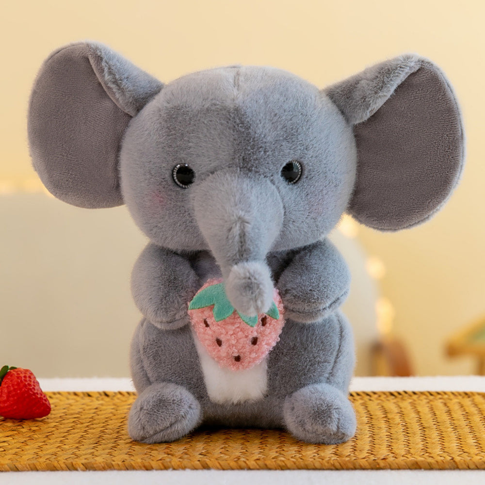 Mascote de pelúcia fofinho elefante com morango cinza 23cm