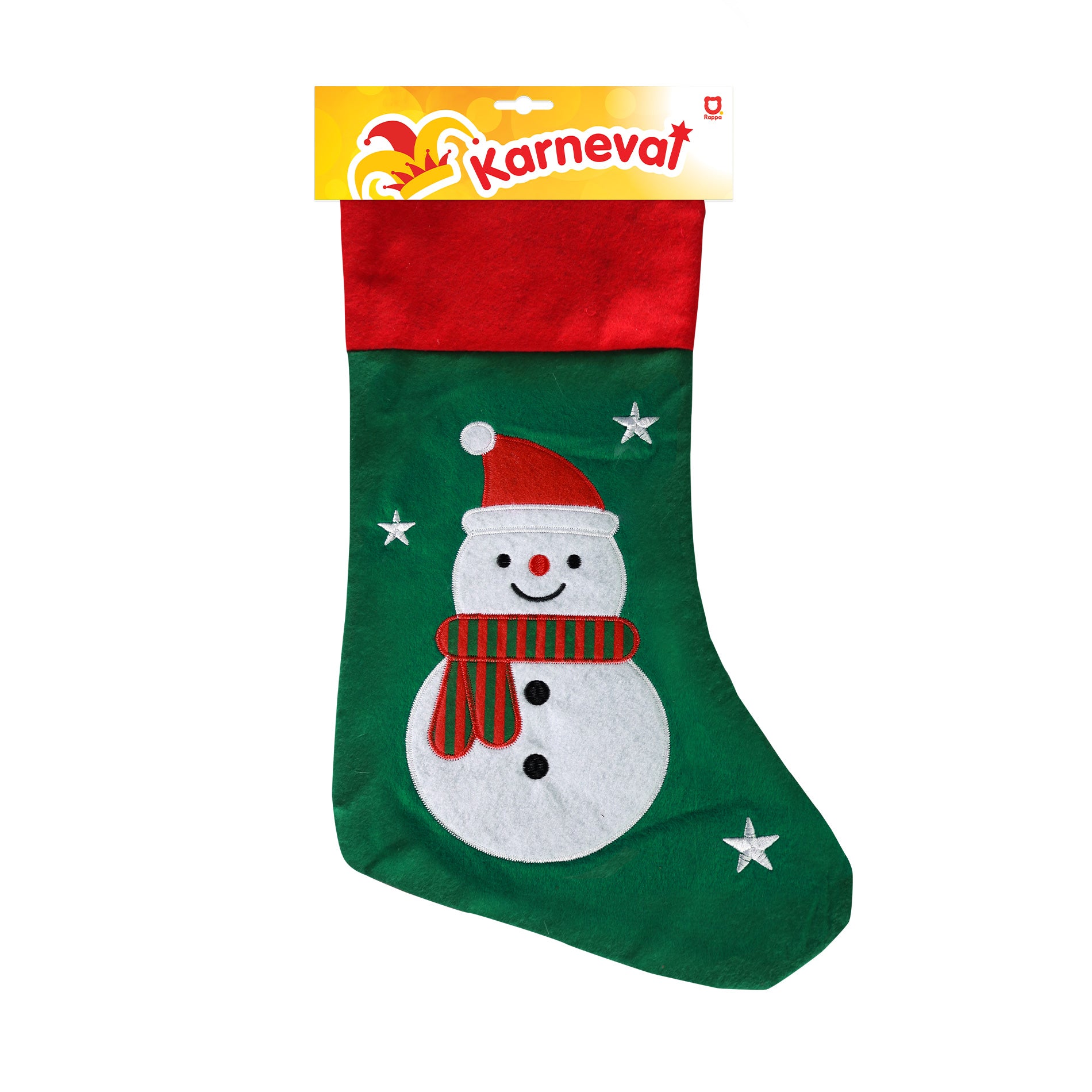 Grüner Weihnachtsstrumpf mit einem Schneemann