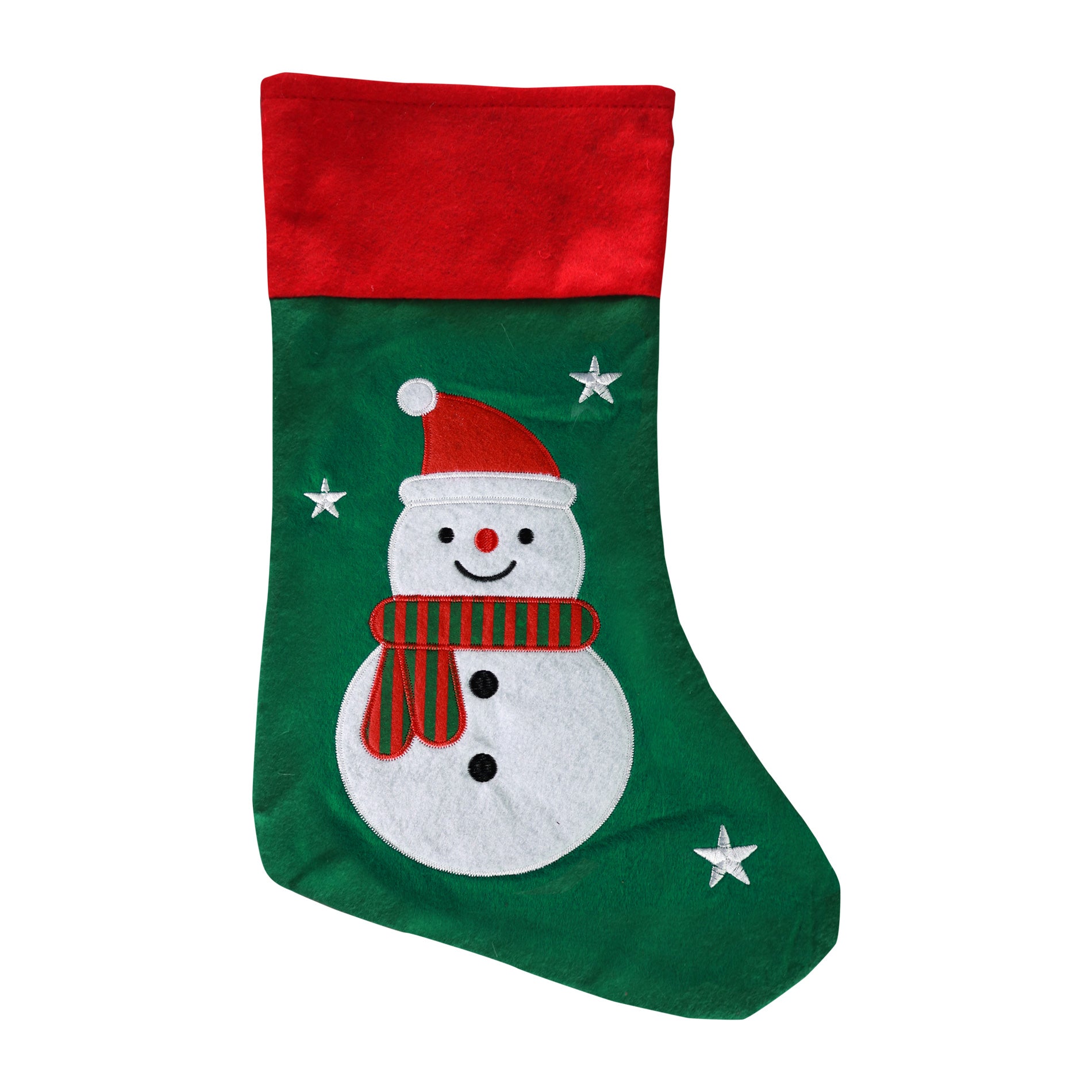 Grüner Weihnachtsstrumpf mit einem Schneemann