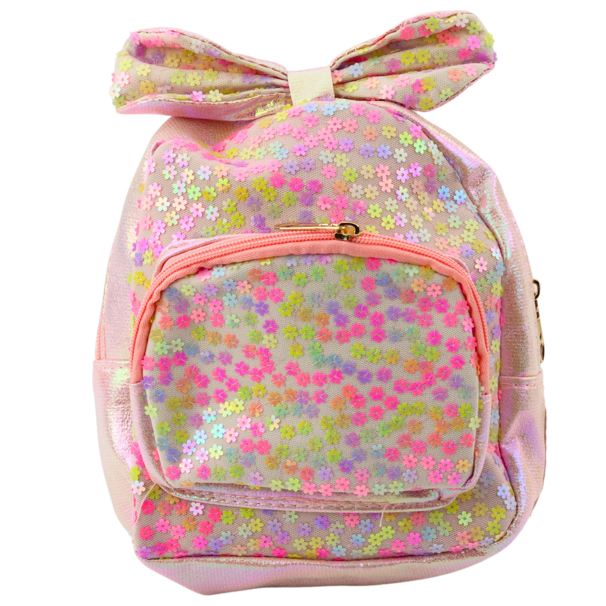 Detský batoh s flitrami Kvety Mašľa svetloružová 22cm 2,8l