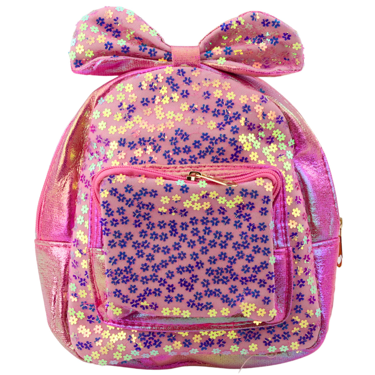 Mochila Infantil Com Lantejoulas Flores Laço Rosa 22cm 2,8l