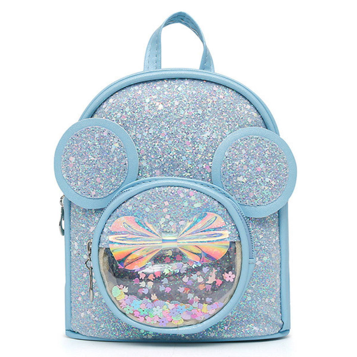 Detský batoh s flitrami ušami myši modrý 22cm 3l