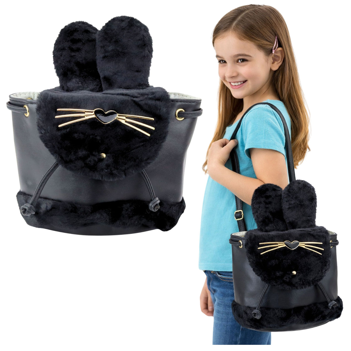Detský batoh plyšové uši nastaviteľný popruh čierny 22cm 4l
