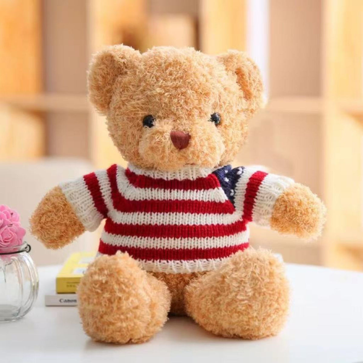 Plüss Mascot ennivaló mackó csíkos pólóban krém 32cm