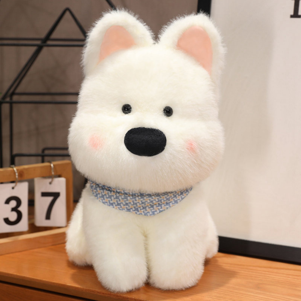 Plush Mascot Cuddly Toy Dog With Blue Scarf White 33cm