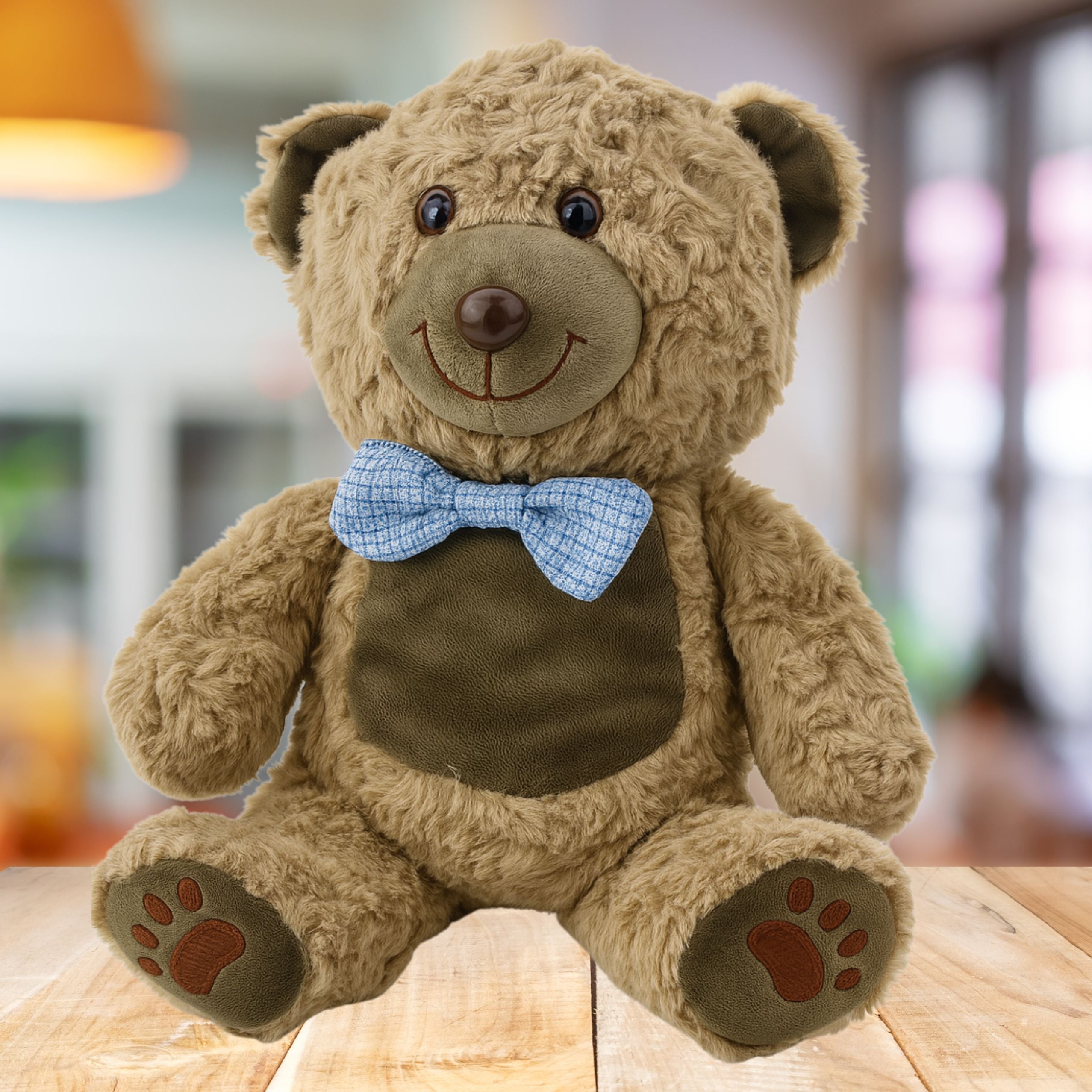 Plush Toy Teddy Bear Blue Bow Tie Light Brown 30cm