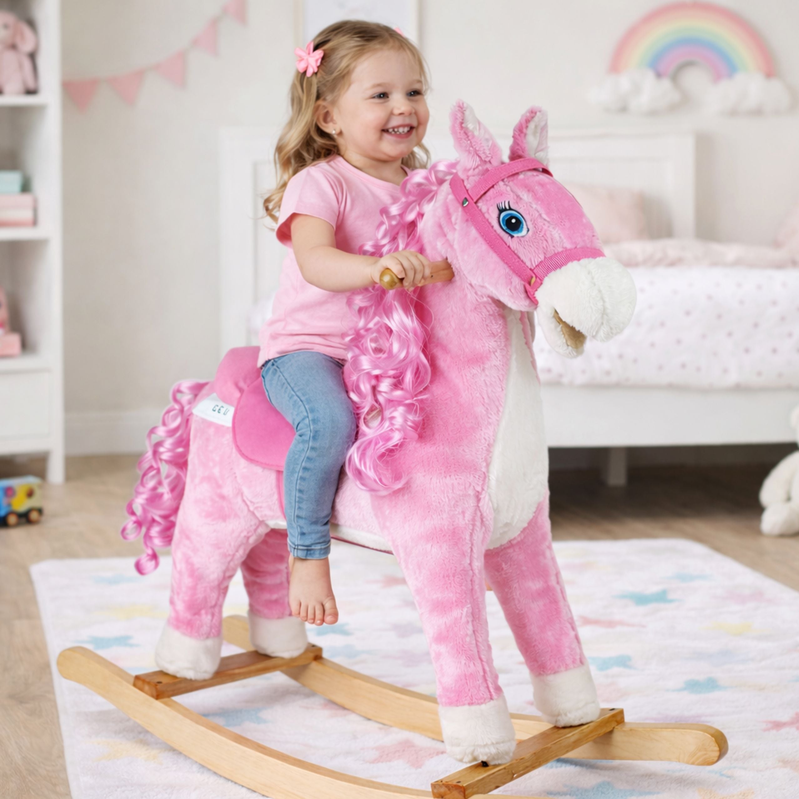 Rocking Horse Sounds Moving Mouth Tail Pink 74 Cm