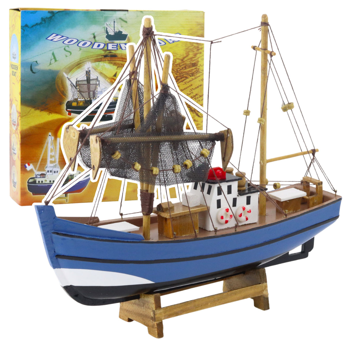 Model Decorativ de Colectie Barca de Pescuit Nava Albastra 30x26cm