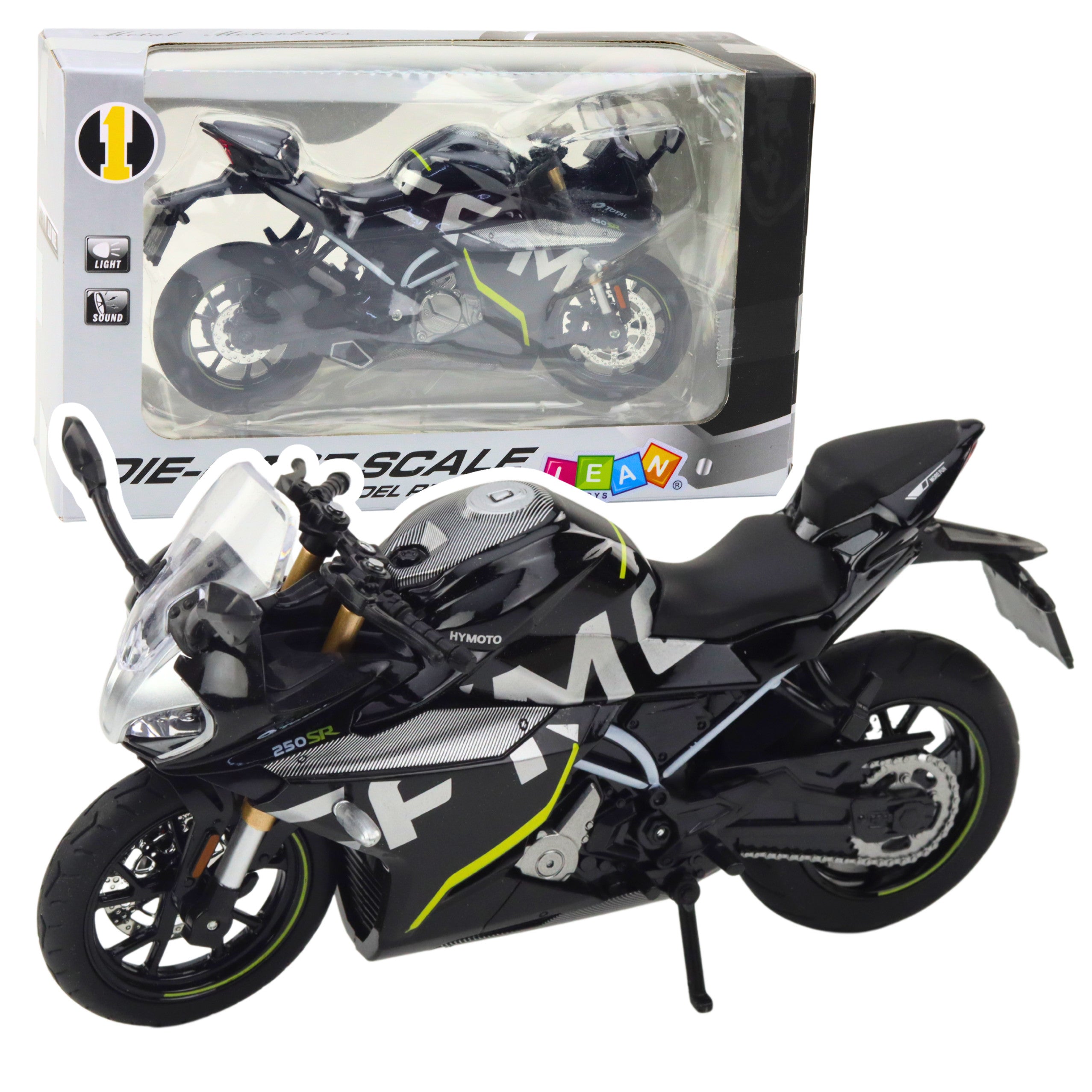 Sports Motorcycle Metal Lights Sounds Black 250 Sr 1:12