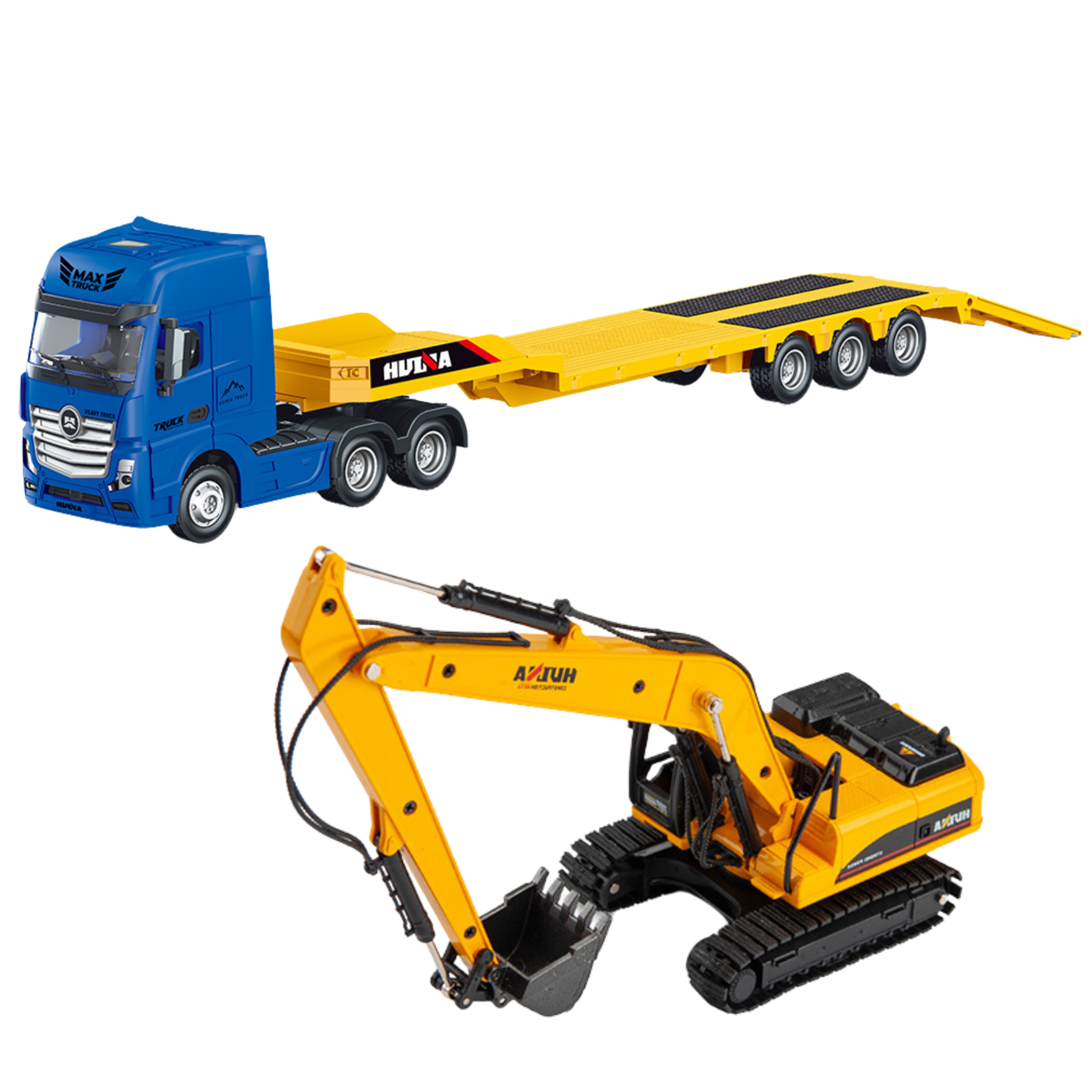 Truck With Trailer Tow Truck Metal Excavator Huina Yellow 1:50