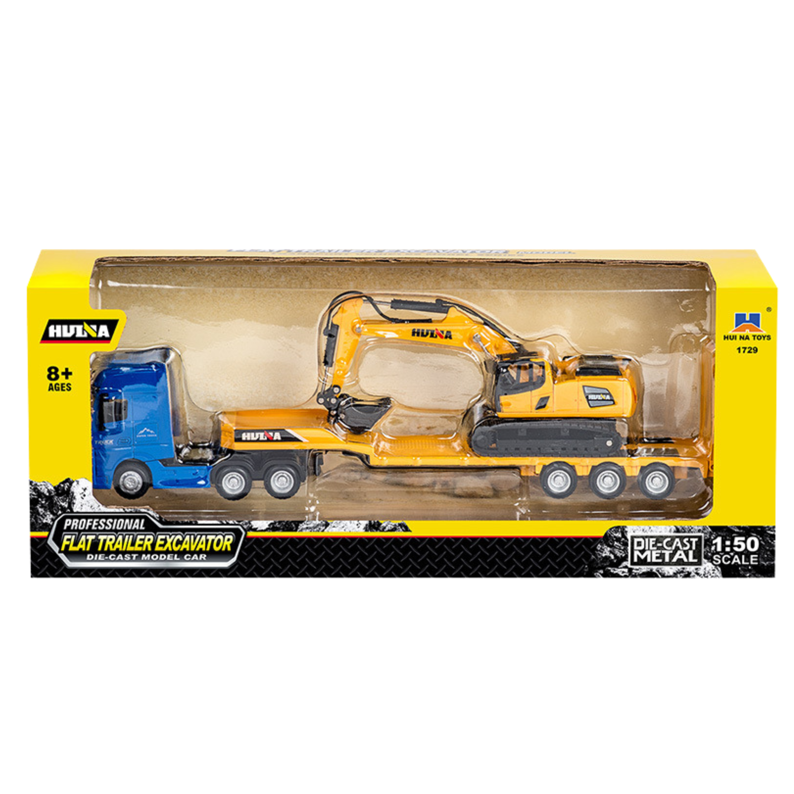 Truck With Trailer Tow Truck Metal Excavator Huina Yellow 1:50