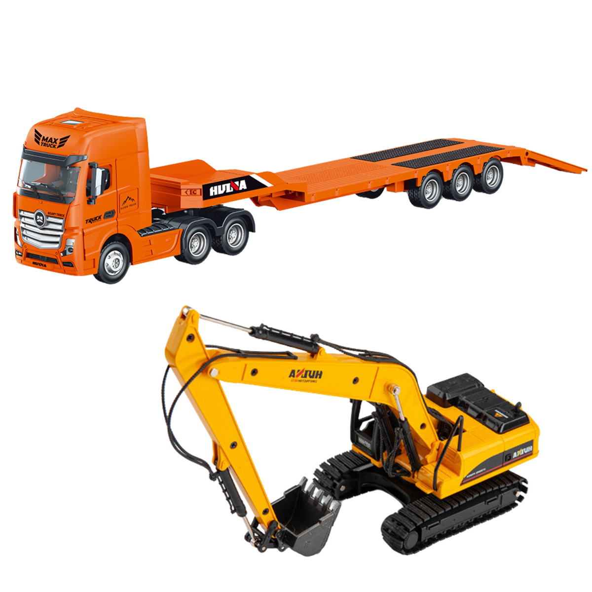 Truck With Trailer Tow Truck Metal Excavator Huina Orange 1:50