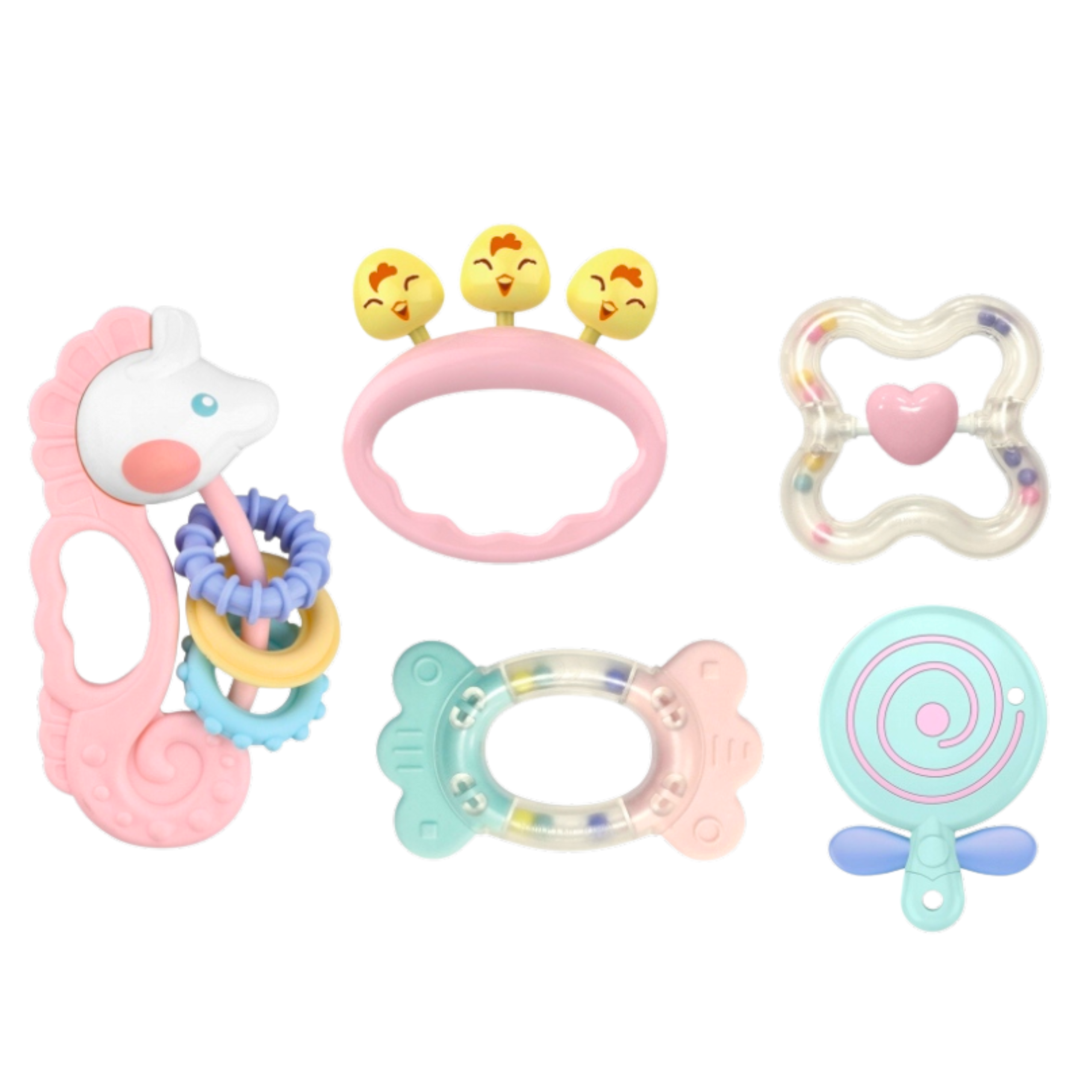 Set Of Sensory Rattles Teethers For Babies Pink 5pcs