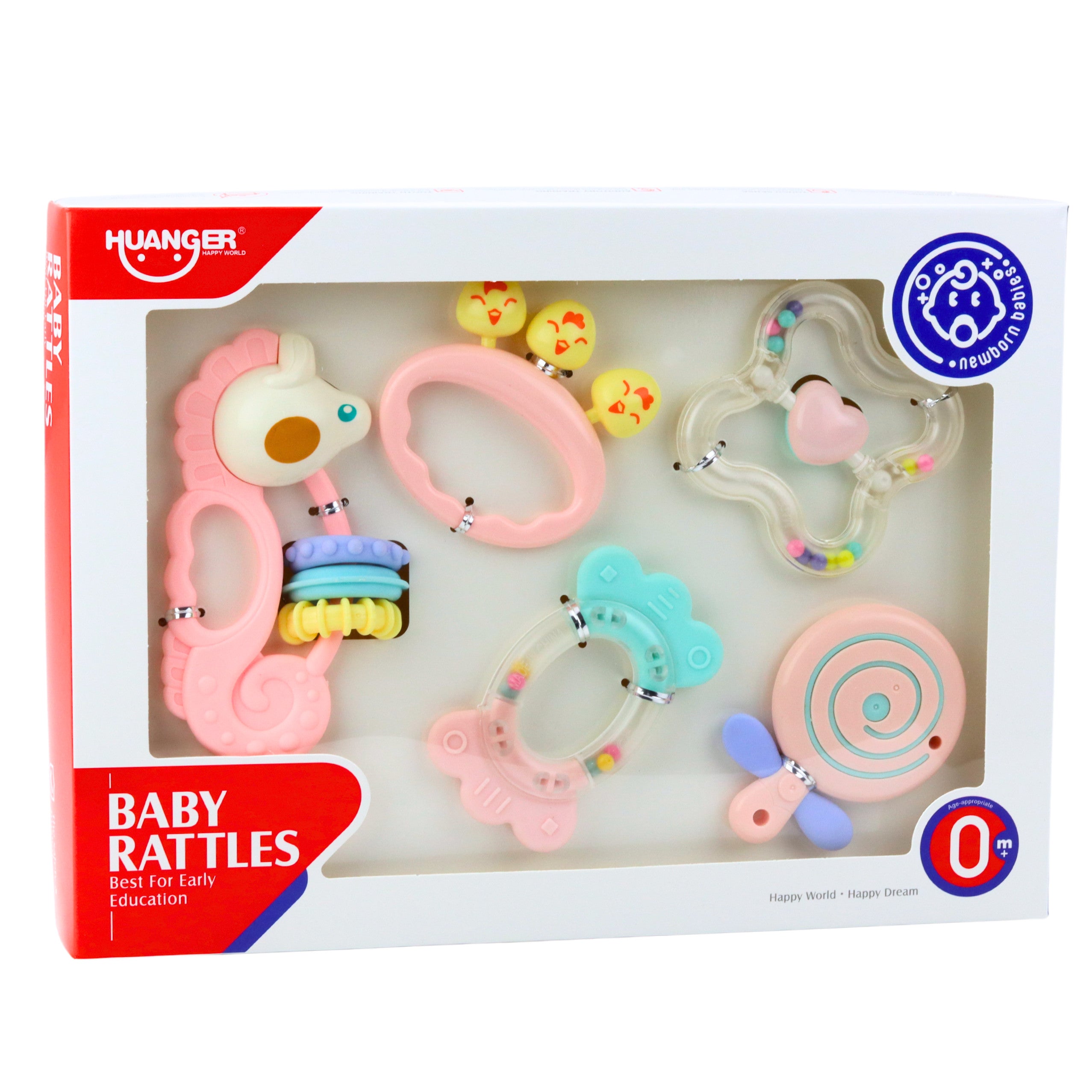 Set Of Sensory Rattles Teethers For Babies Pink 5pcs