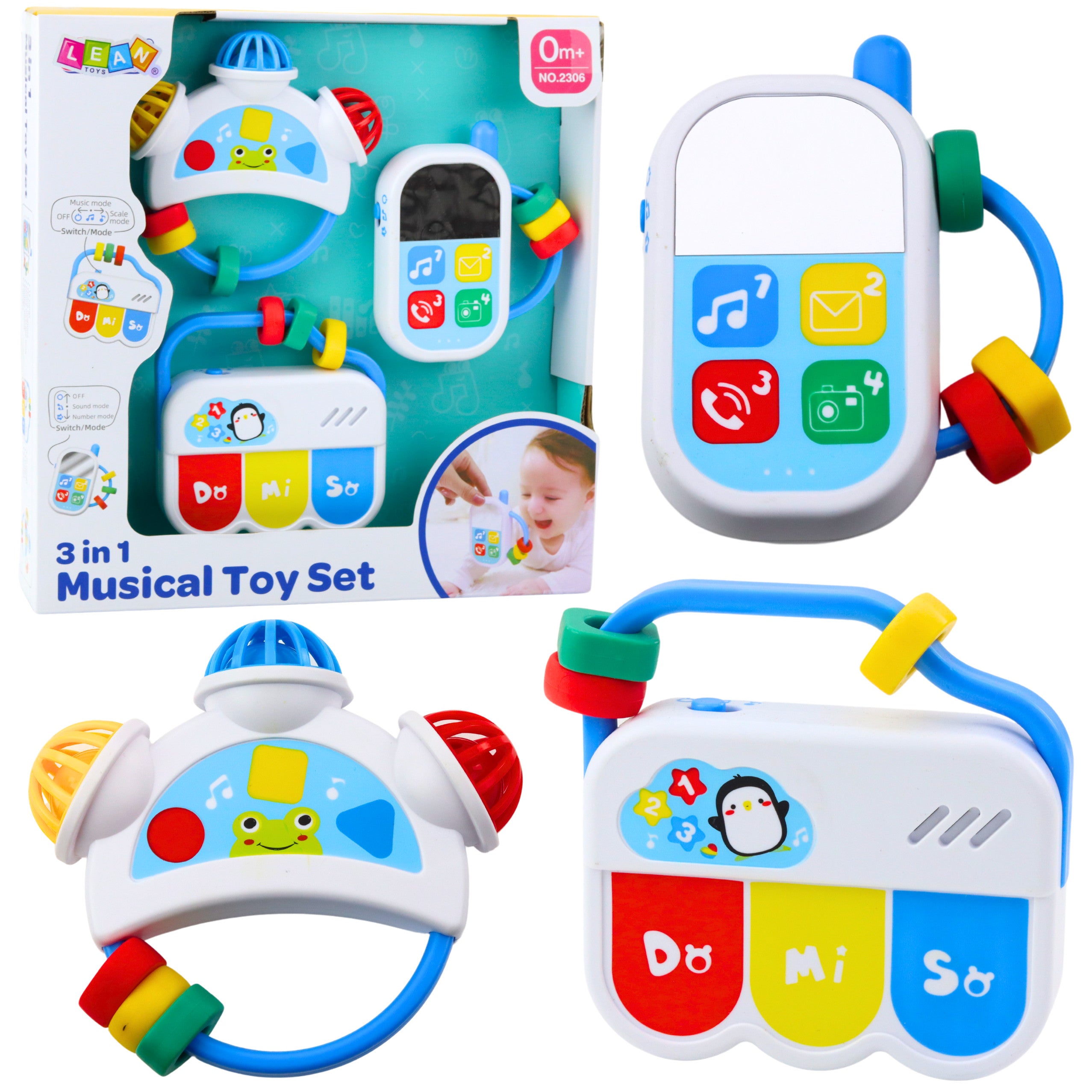 Set Of Musical Toys For Toddlers. Telephone Tambourine Keys Sounds 3 Pcs.