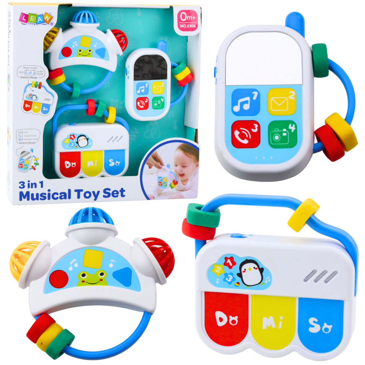Zenés játékok kisgyermekek számára. Telefon Tambourine Keys Hangok 3 db.