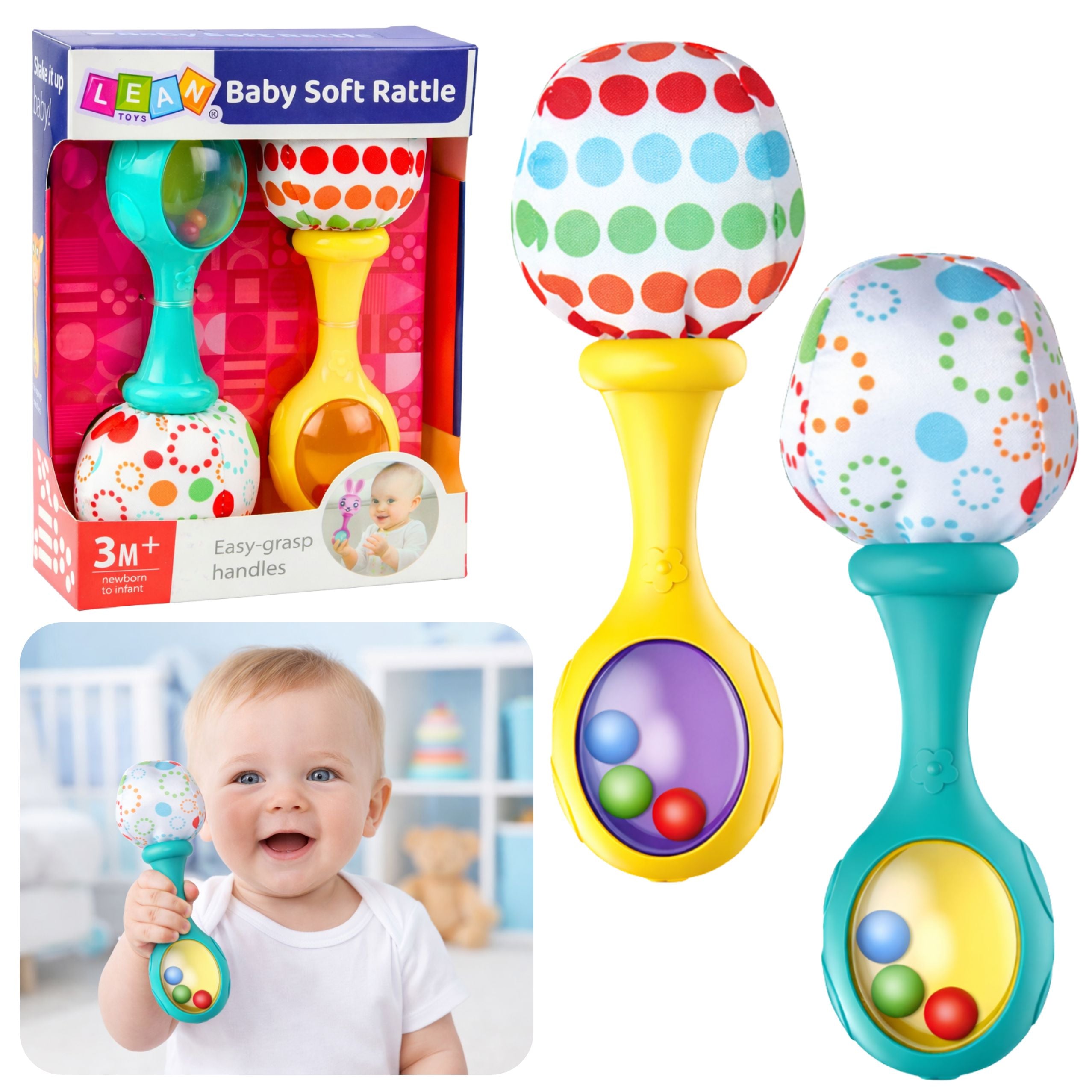 Set Of Rattles With Soft Ball Patterns Yellow Green 2pcs